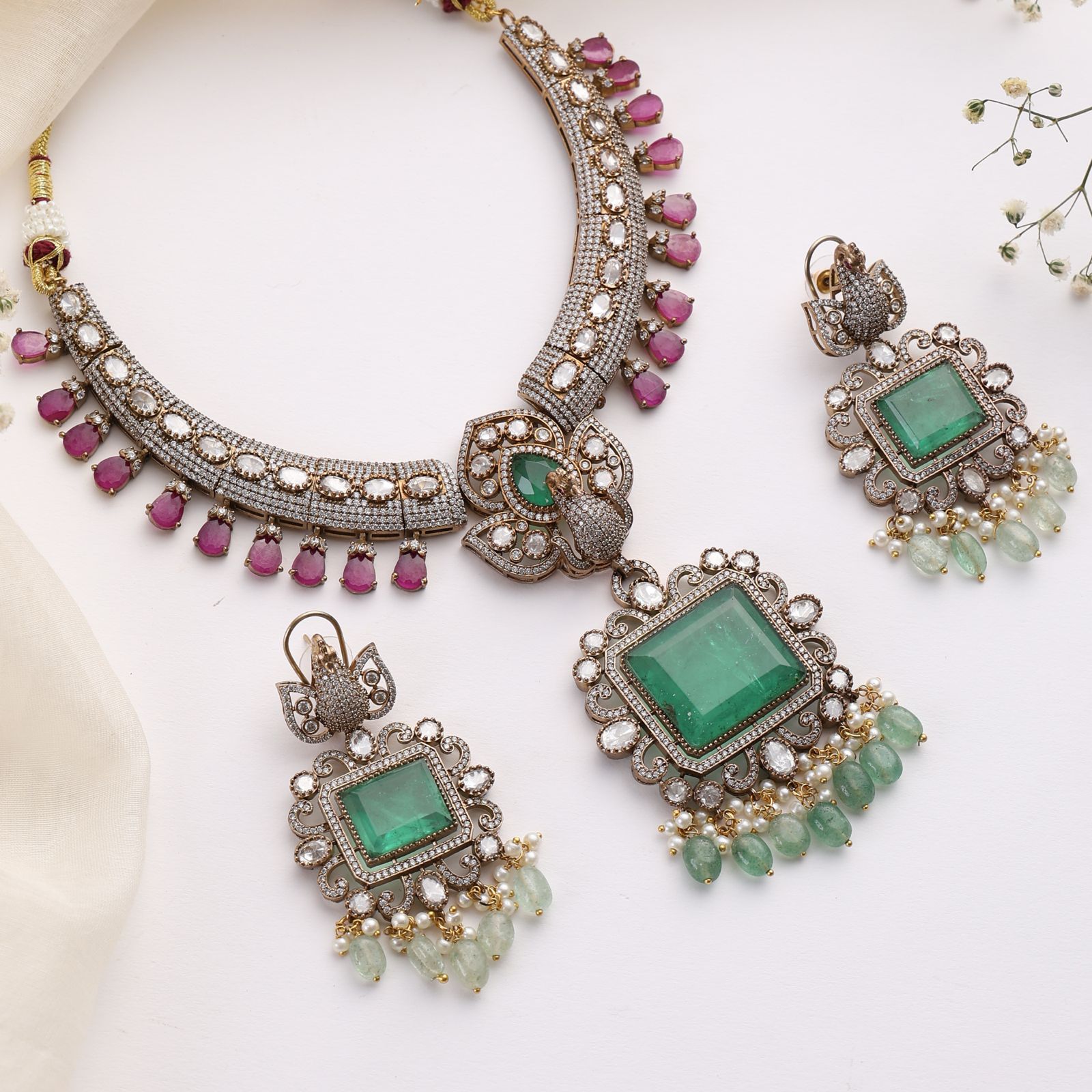 Elina Emerald Necklace Set with Statement Earrings