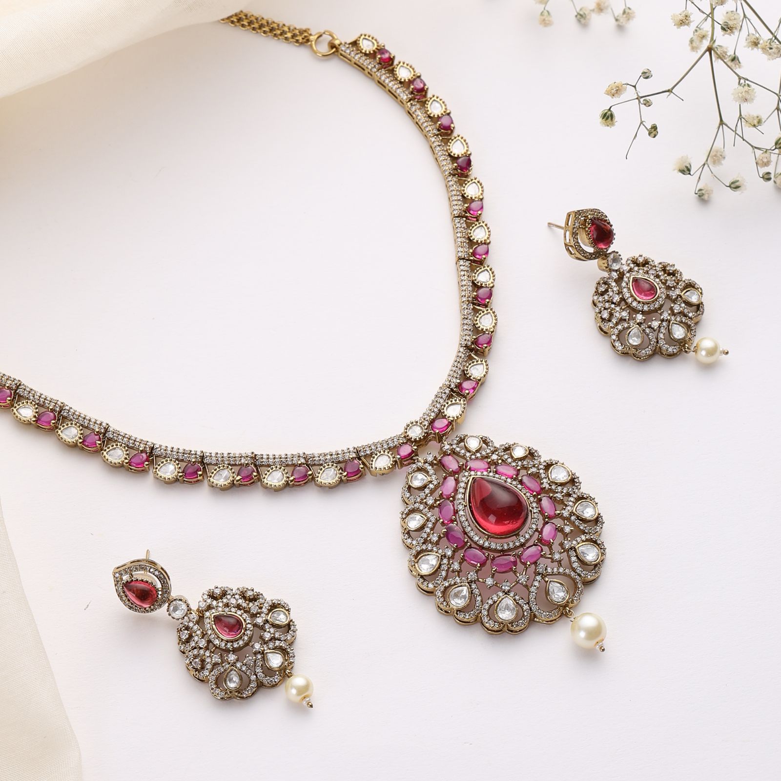 Nivara Ruby Polki Kundan Necklace Set (With Earrings)