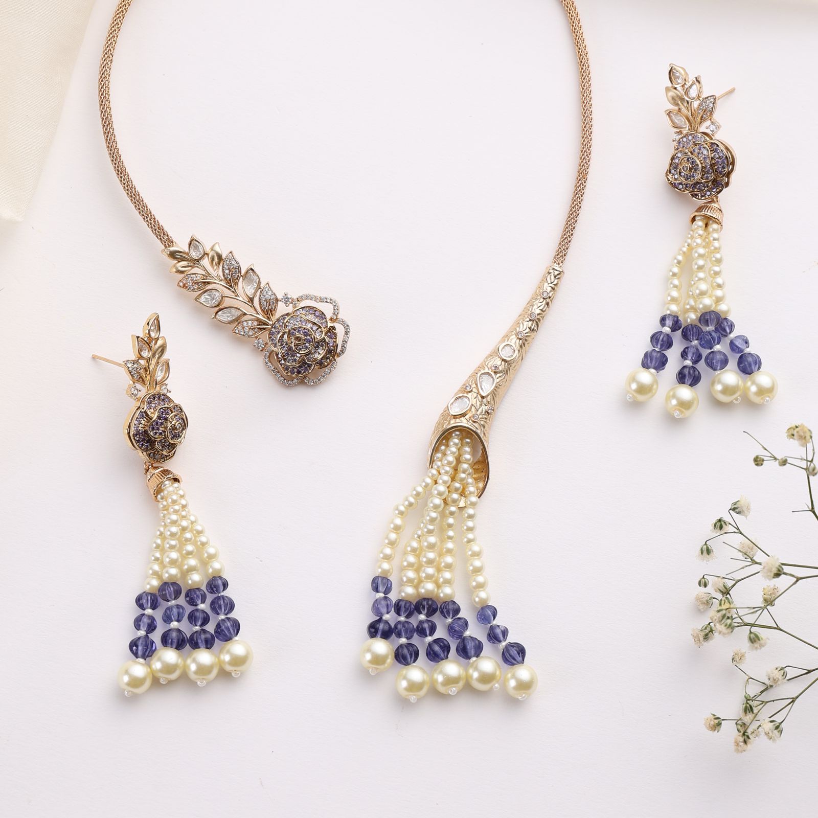 Nure Purple Tassel Collar Rose Necklace Set with Earrings