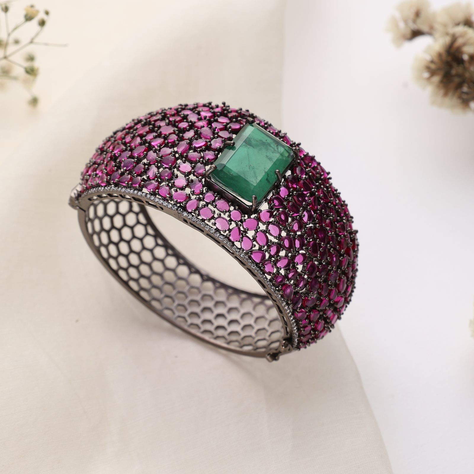 Emerald Green & Ruby Pink Statement Cuff Bracelet