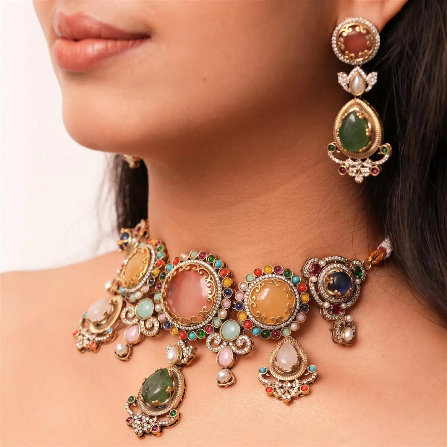 Lila Navratan Choker Set – Antique Gold Multicolor Statement Necklace