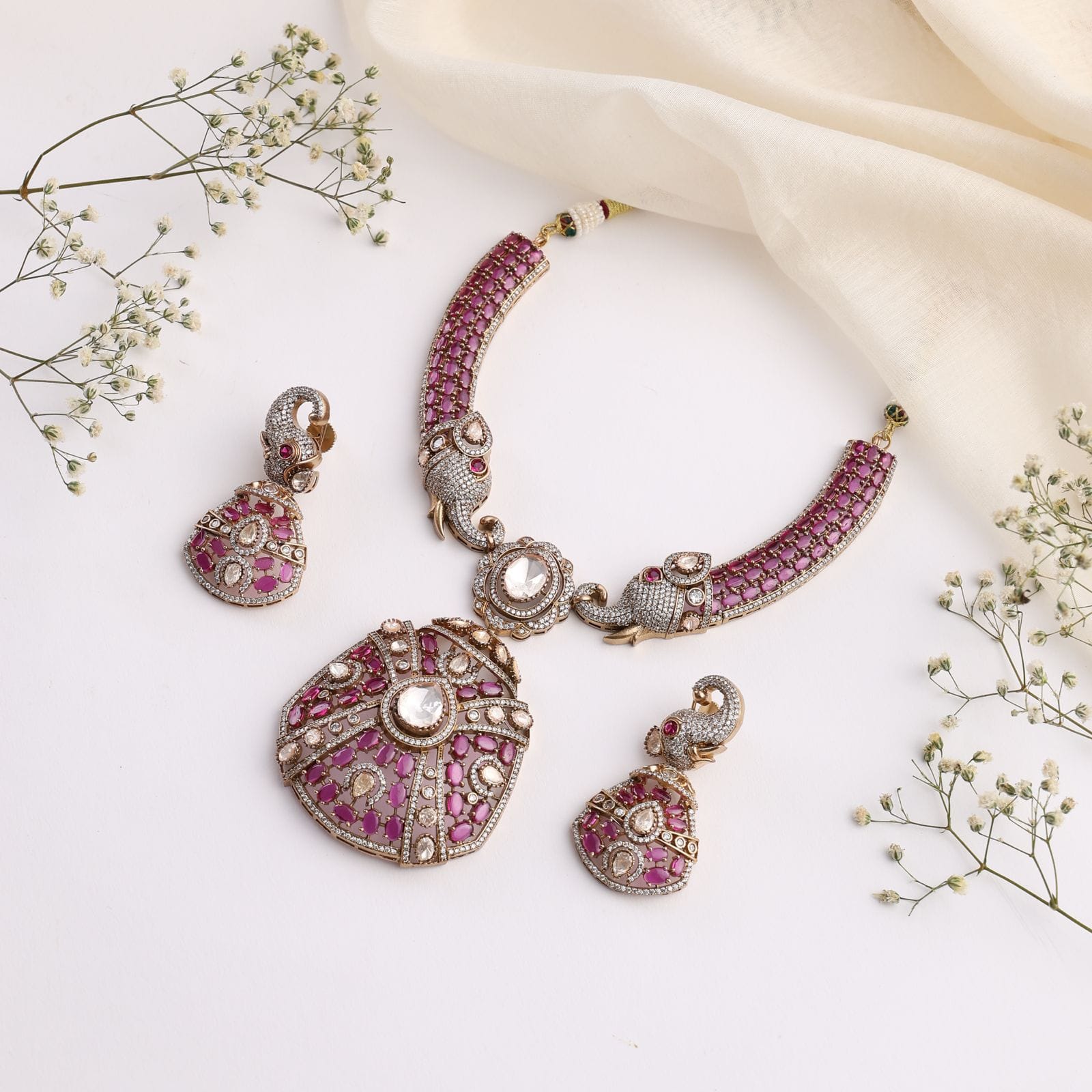 Aishwarya Ruby Polki Heritage Necklace Set with Earrings