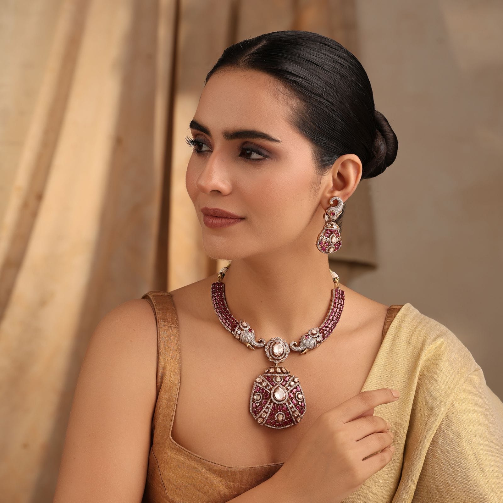 Aishwarya Ruby Polki Heritage Necklace Set with Earrings