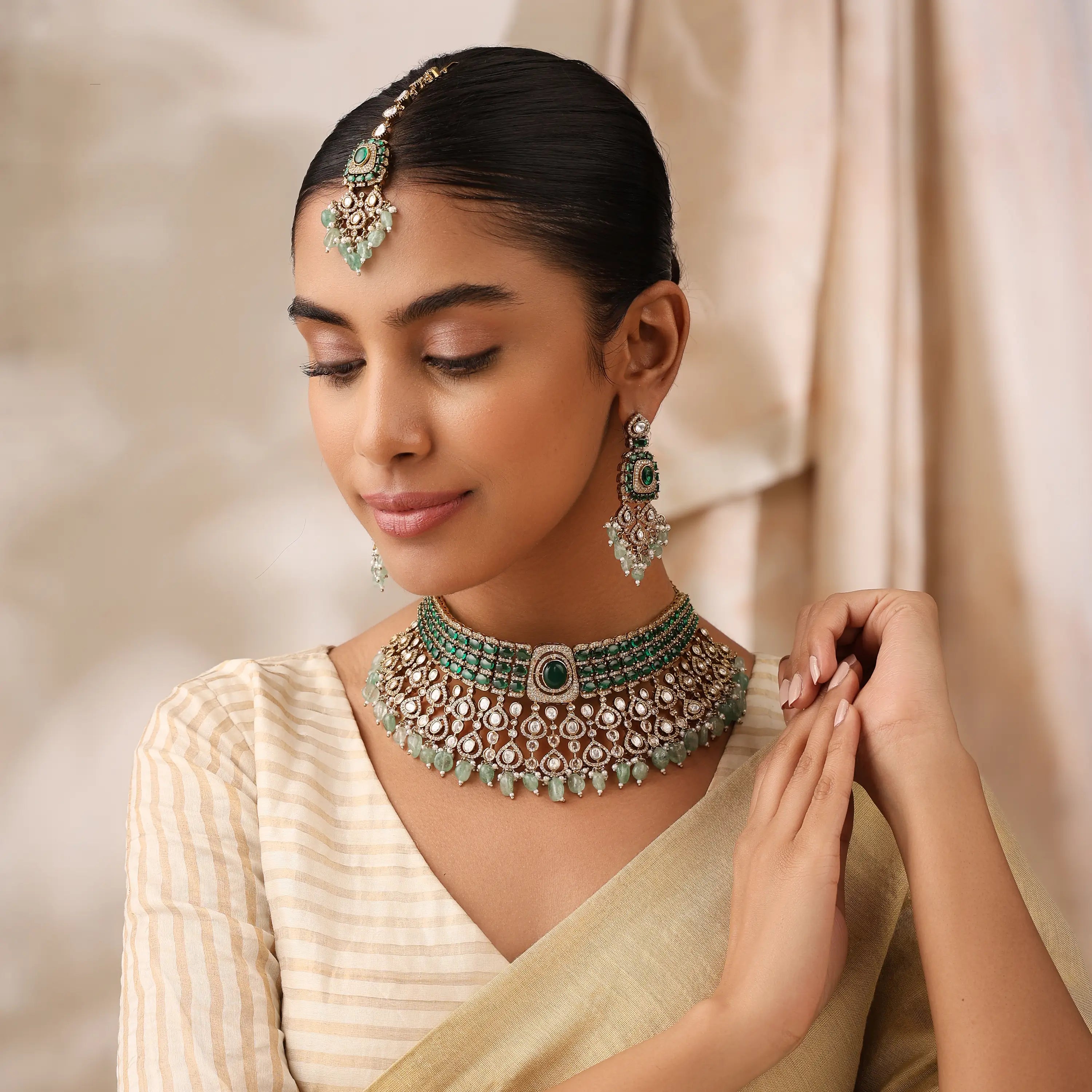 Alira Green Kundan Choker Set with Earrings & Maang Tikka