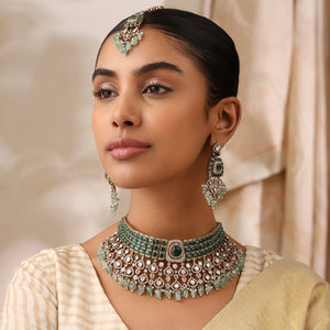 Alira Green Kundan Choker Set with Earrings & Maang Tikka
