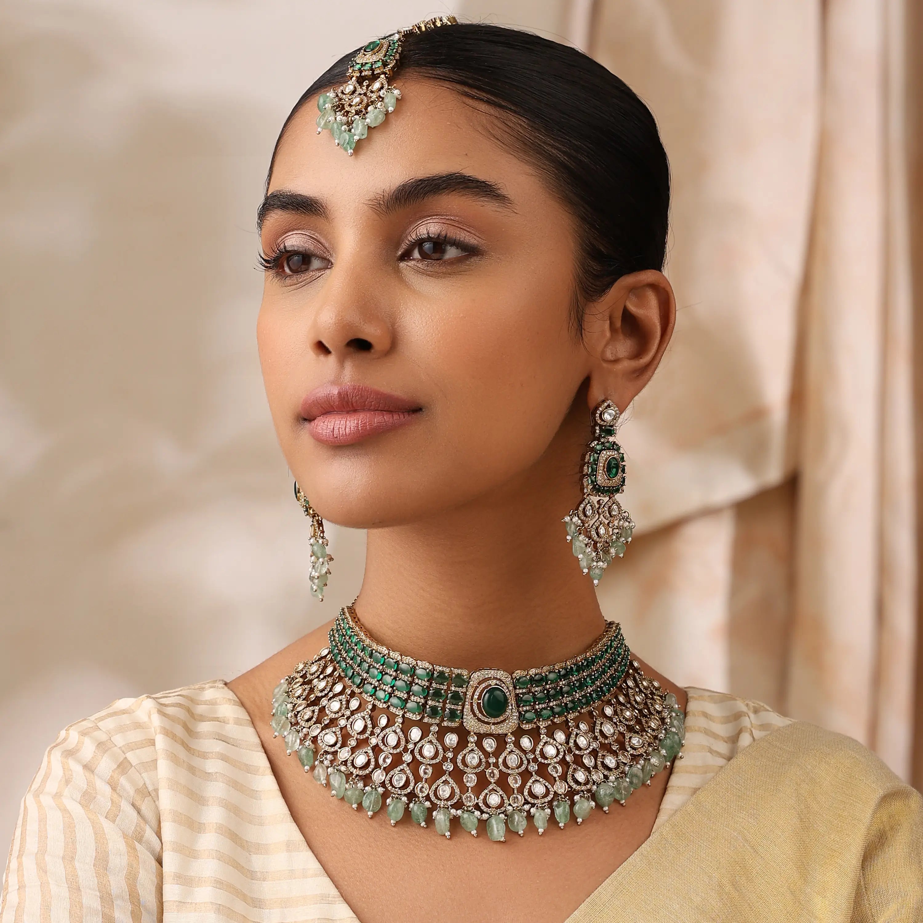 Alira Green Kundan Choker Set with Earrings & Maang Tikka