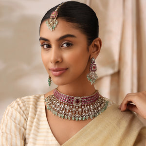 Alira Ruby Mint Kundan Choker Set with Earrings & Maang Tikka