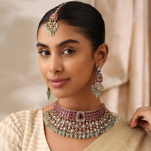 Alira Ruby Mint Kundan Choker Set with Earrings & Maang Tikka