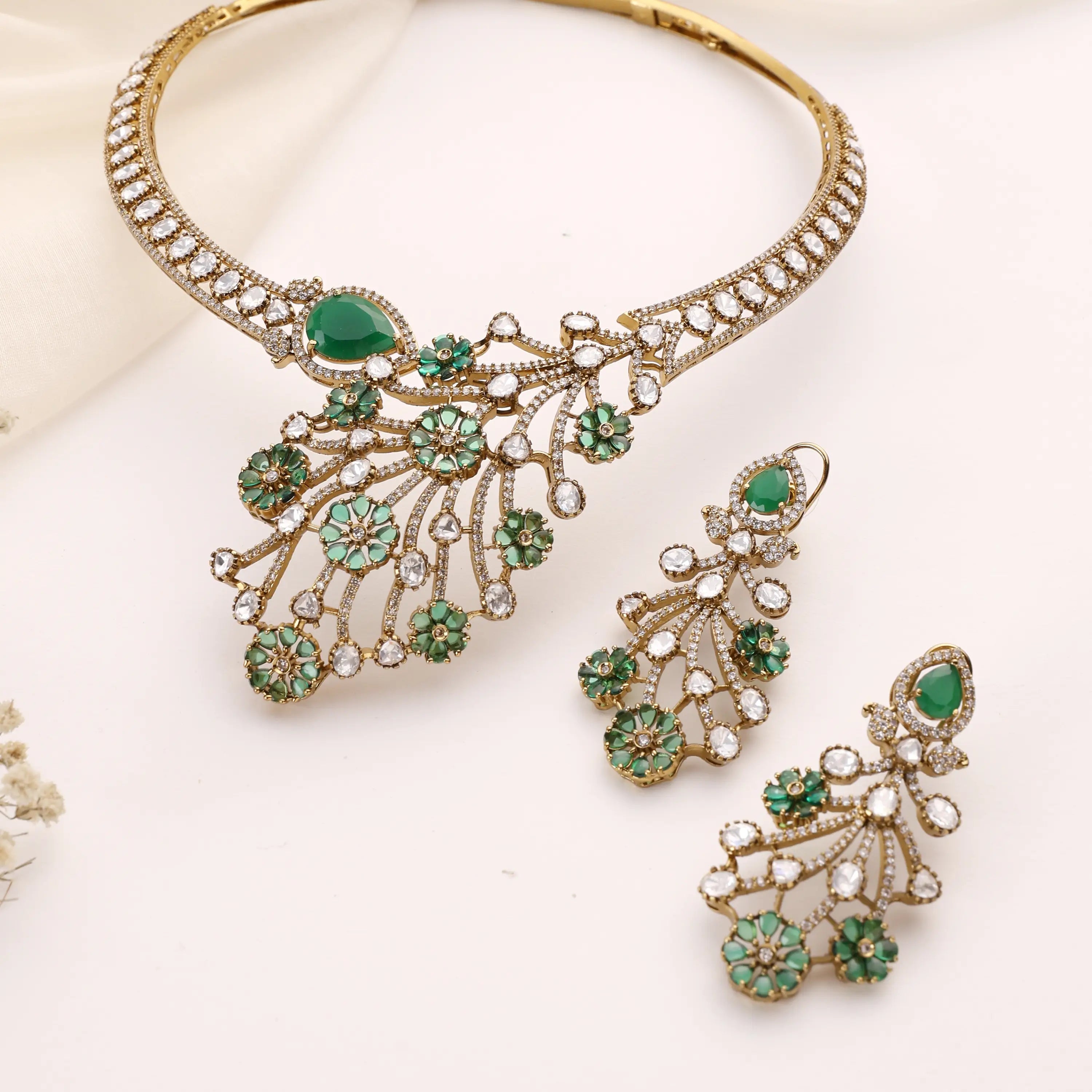 Amarysa Emerald Green Floral Kundan Statement Necklace Set