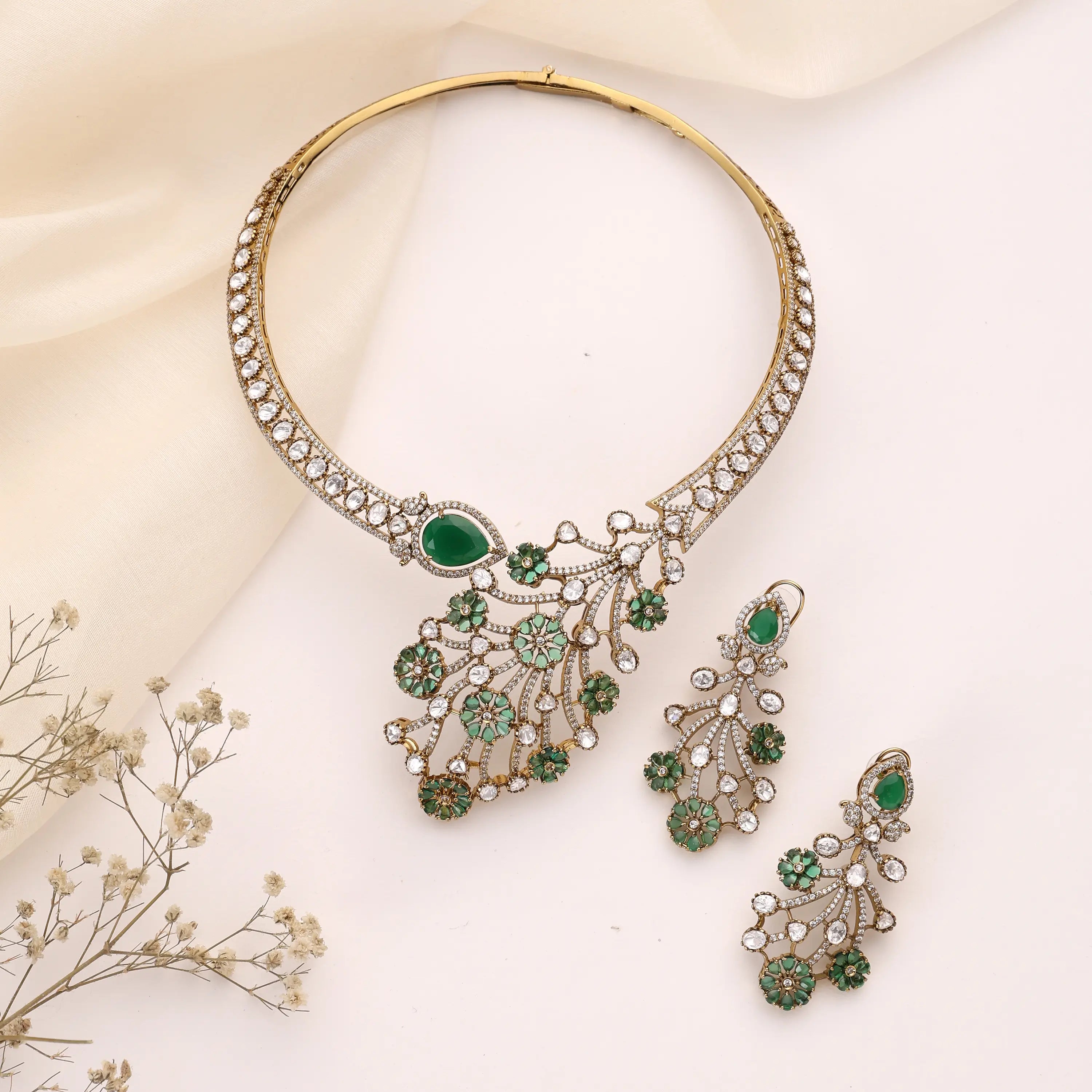 Amarysa Emerald Green Floral Kundan Statement Necklace Set