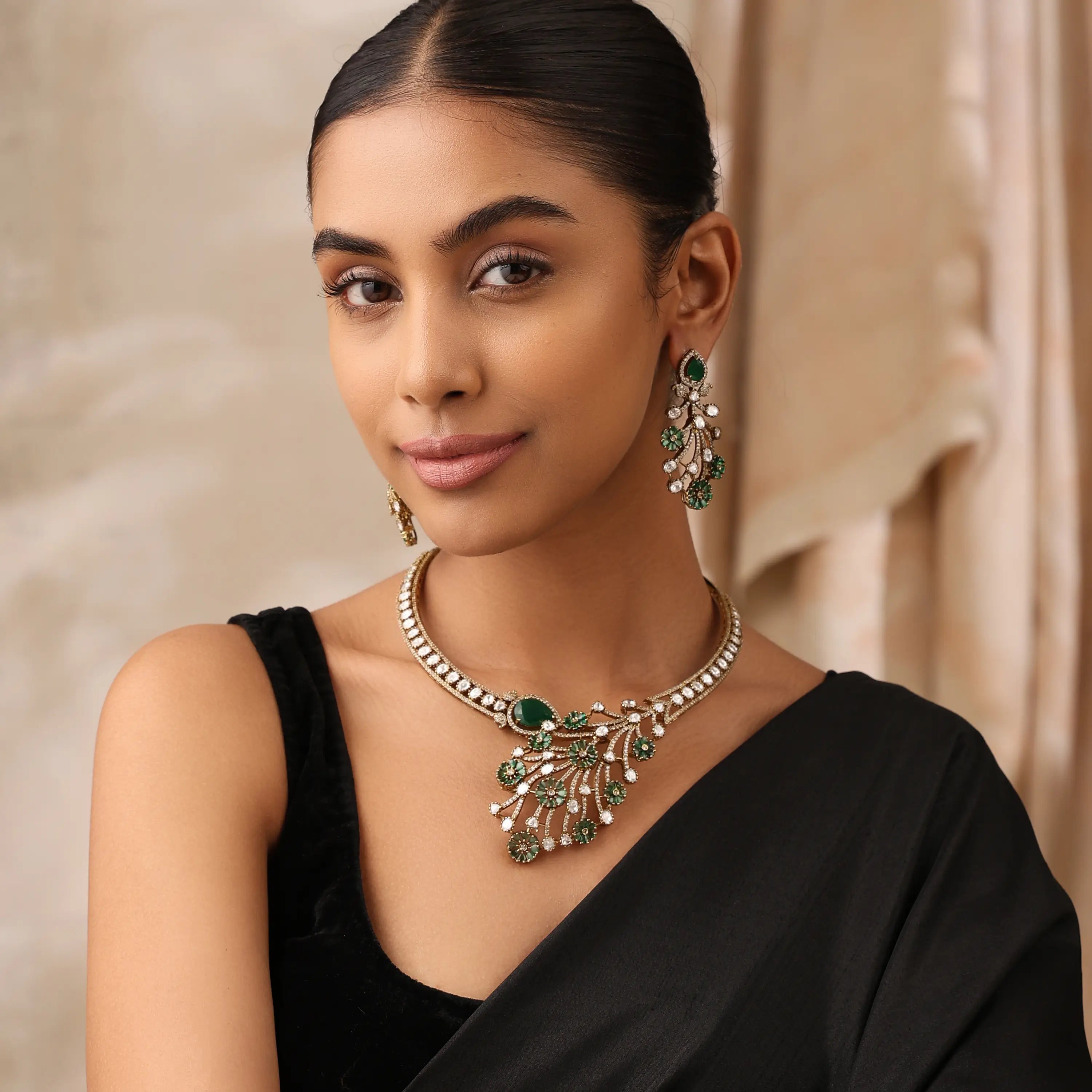 Amarysa Emerald Green Floral Kundan Statement Necklace Set