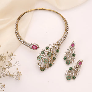 Amarysa Emerald Ruby Floral Kundan Statement Necklace Set
