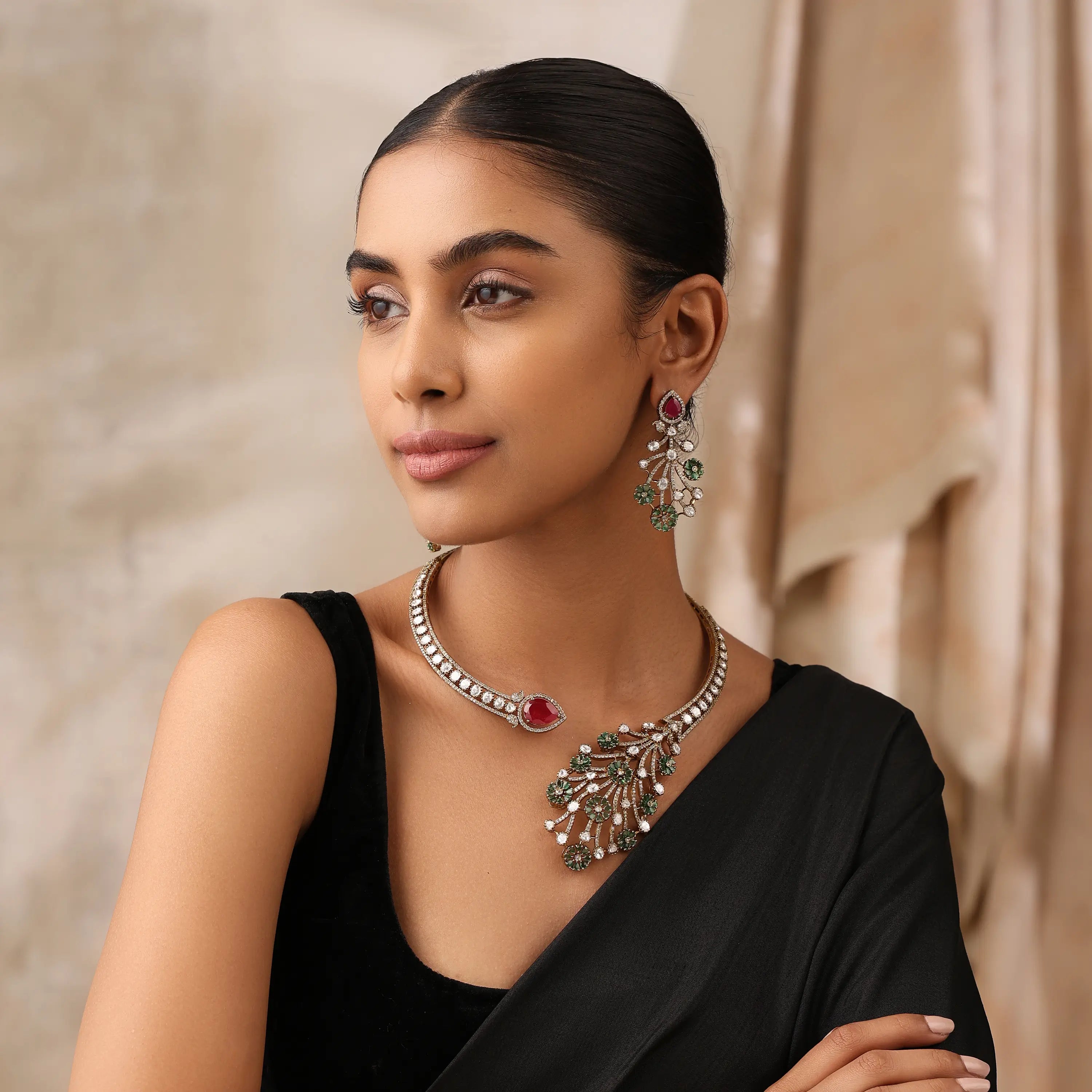 Amarysa Emerald Ruby Floral Kundan Statement Necklace Set