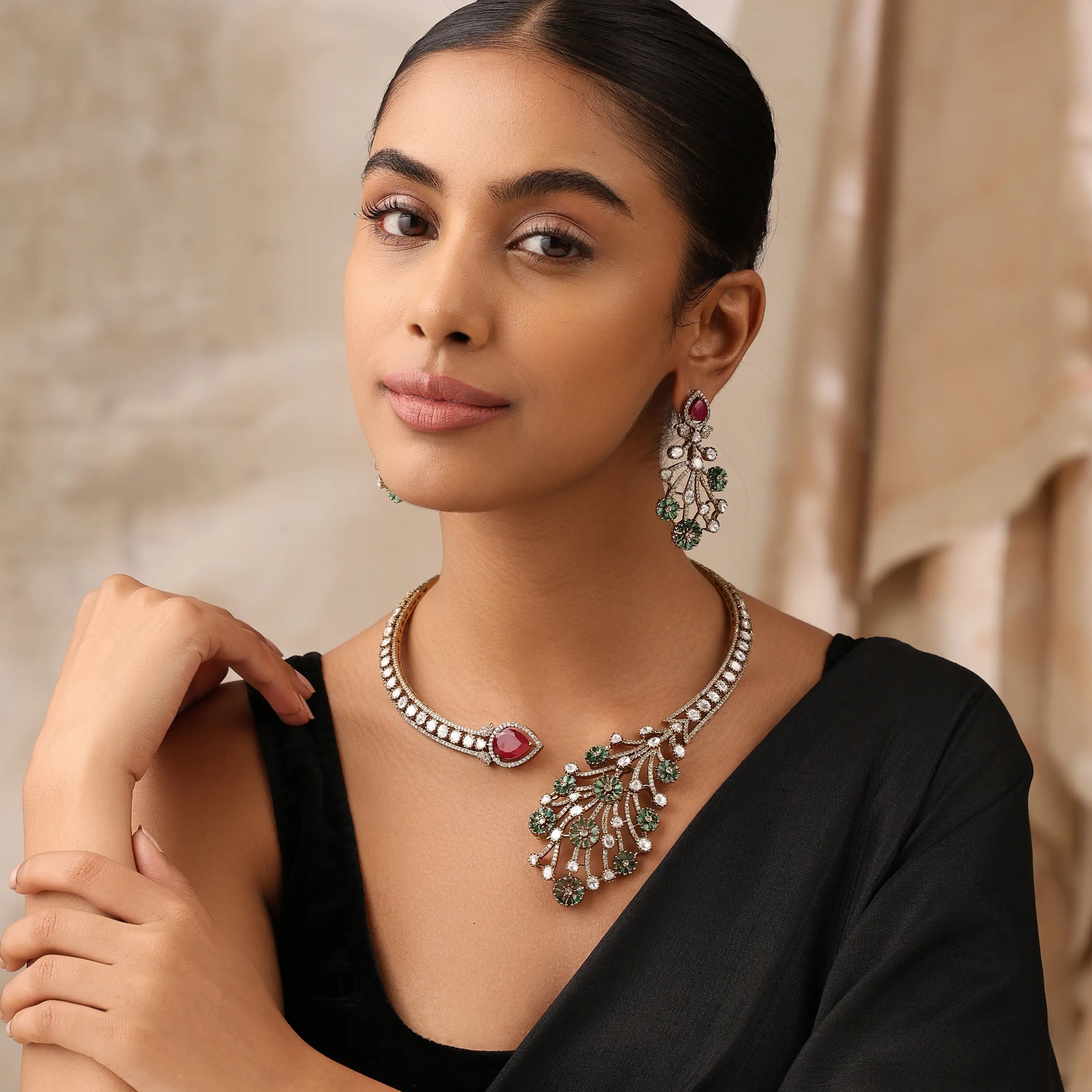 Amarysa Emerald Ruby Floral Kundan Statement Necklace Set