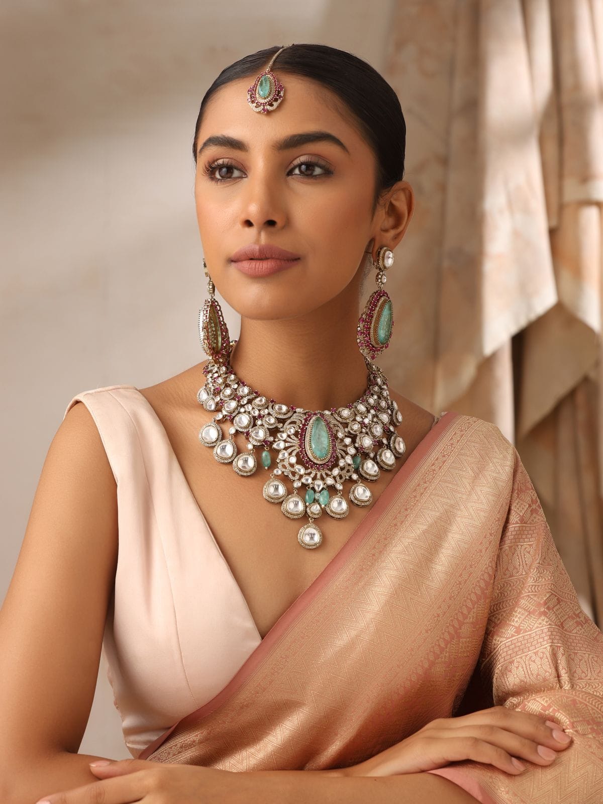 Ameira Kundan Polki Necklace Set with Green & Ruby Accents (with Earrings & Maang Tikka)