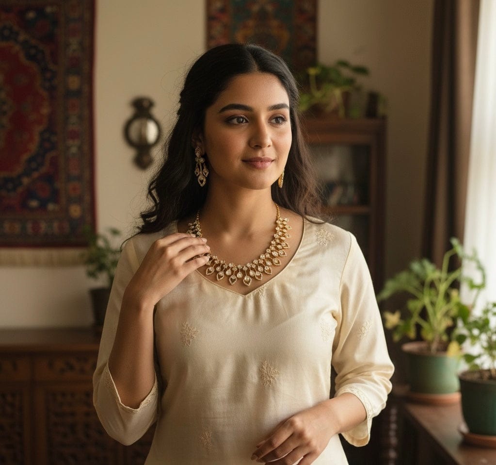 Anaya Mosonite Necklace Set with Gold Plating & Long Earrings