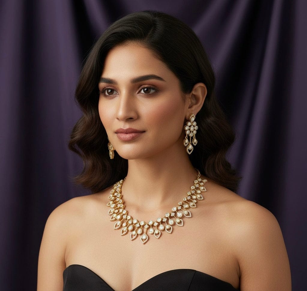 Anaya Mosonite Necklace Set with Gold Plating & Long Earrings
