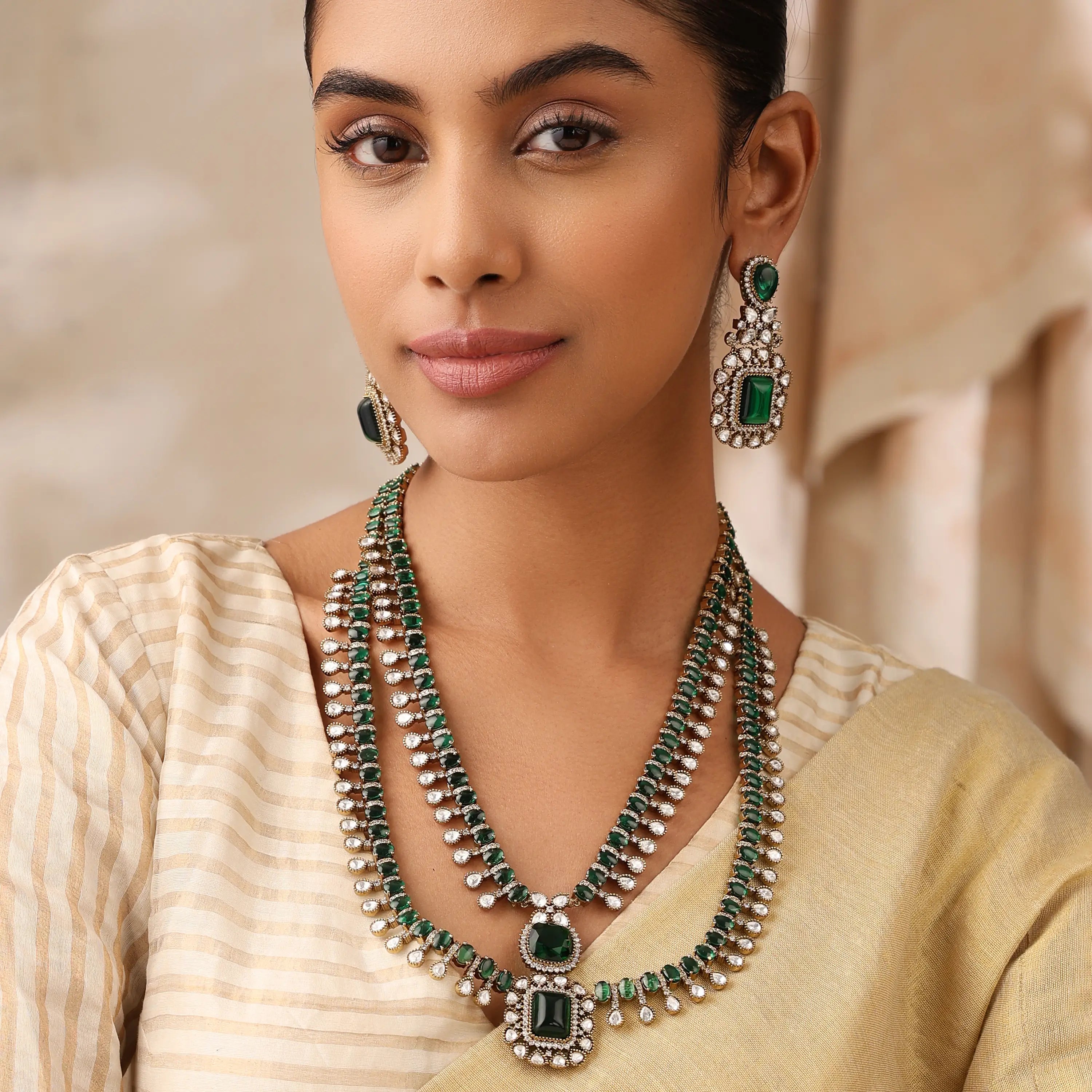 Anita Long Emerald Kundan Layered Necklace Set with Earrings