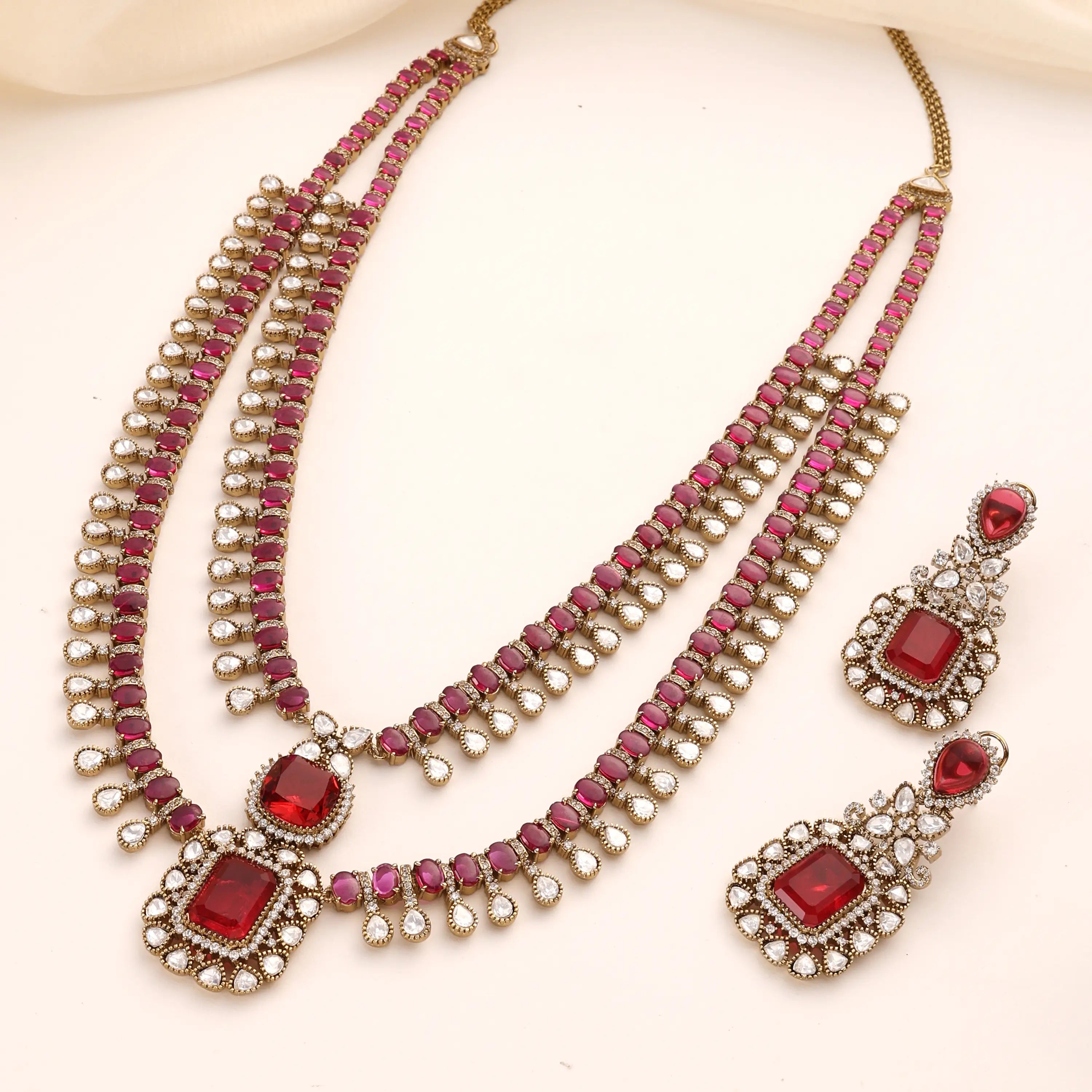 Anita Long Ruby Kundan Layered Necklace Set with Earrings