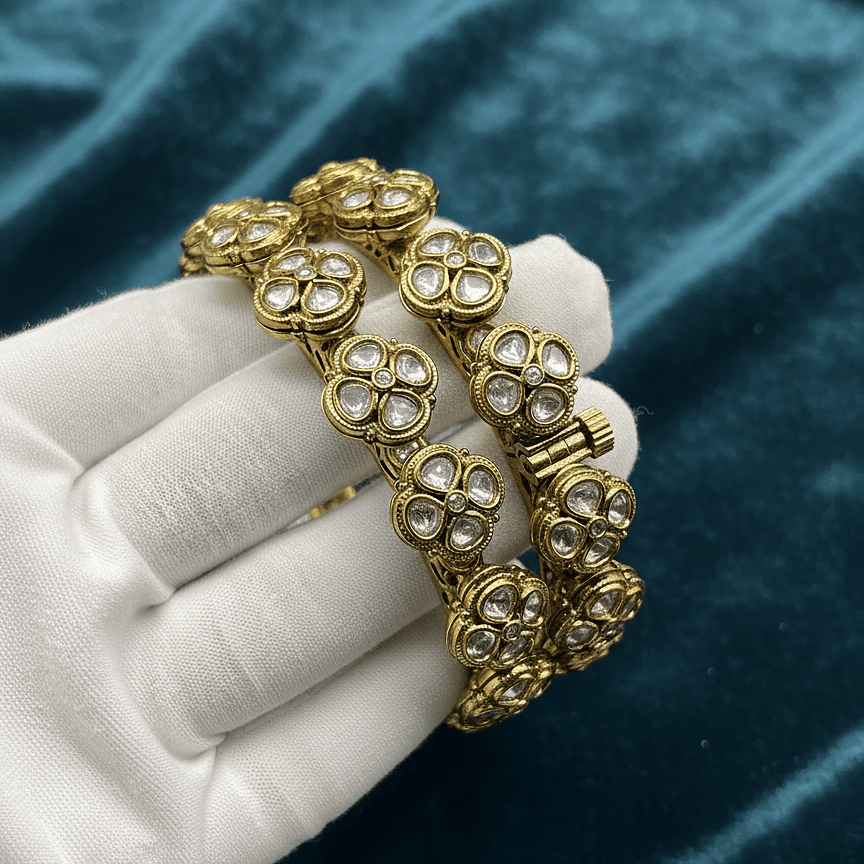 Antique Floral Uncut Polki Bangles with Kundan Detailing