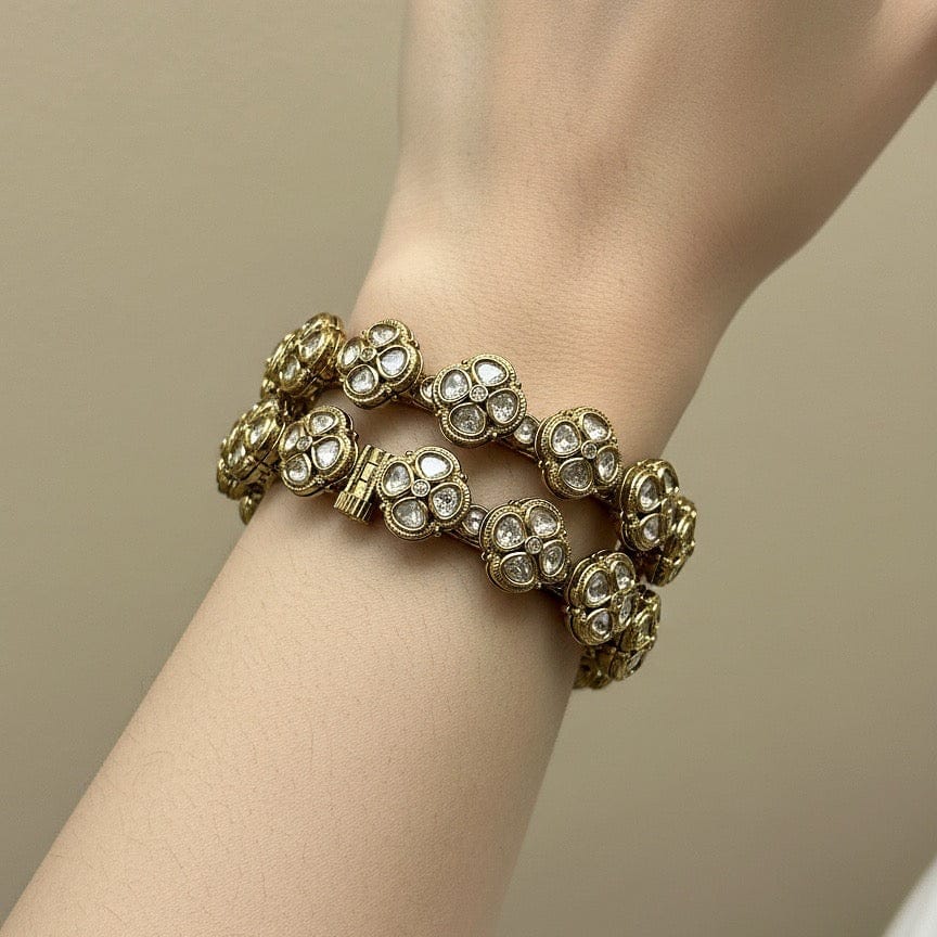 Antique Floral Uncut Polki Bangles with Kundan Detailing