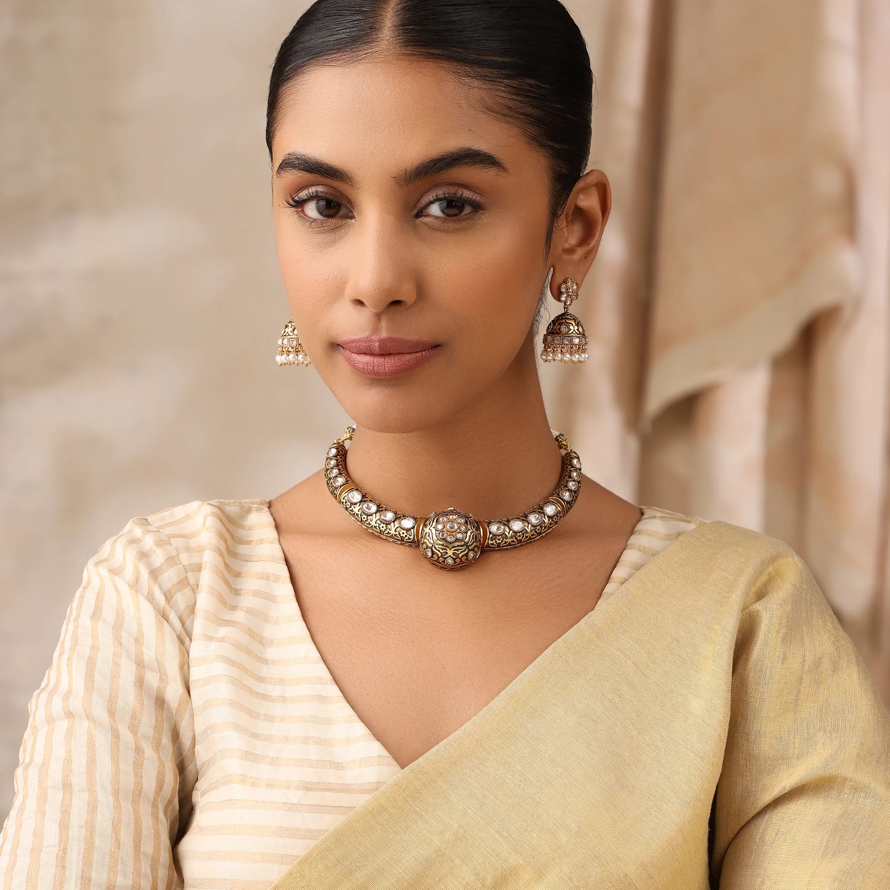 Antique Gold Mosonite Hasli Necklace Set with Matching Jhumkas