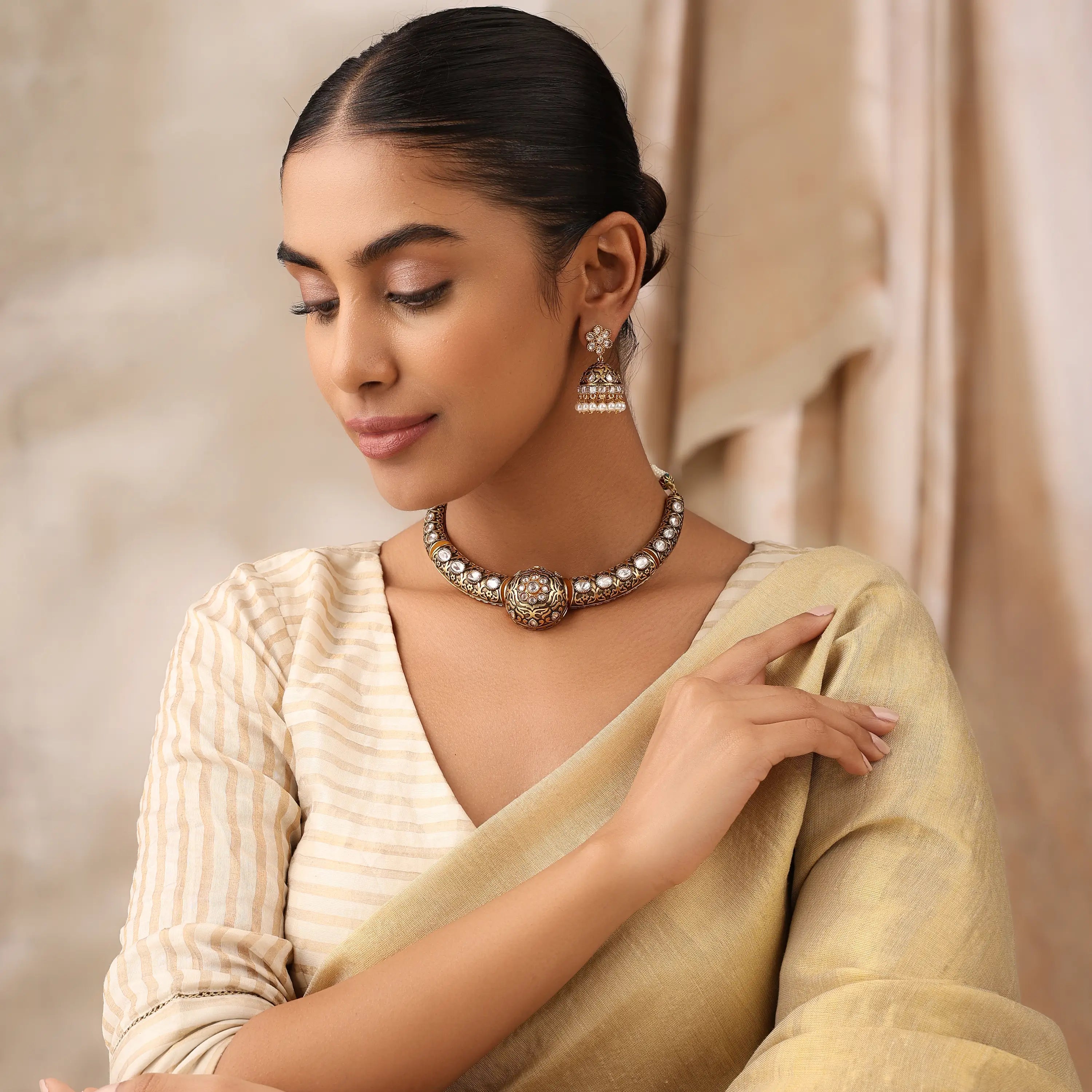 Antique Gold Mosonite Hasli Necklace Set with Matching Jhumkas