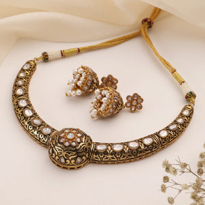 Antique Gold Mosonite Hasli Necklace Set with Matching Jhumkas