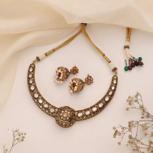 Antique Gold Mosonite Hasli Necklace Set with Matching Jhumkas