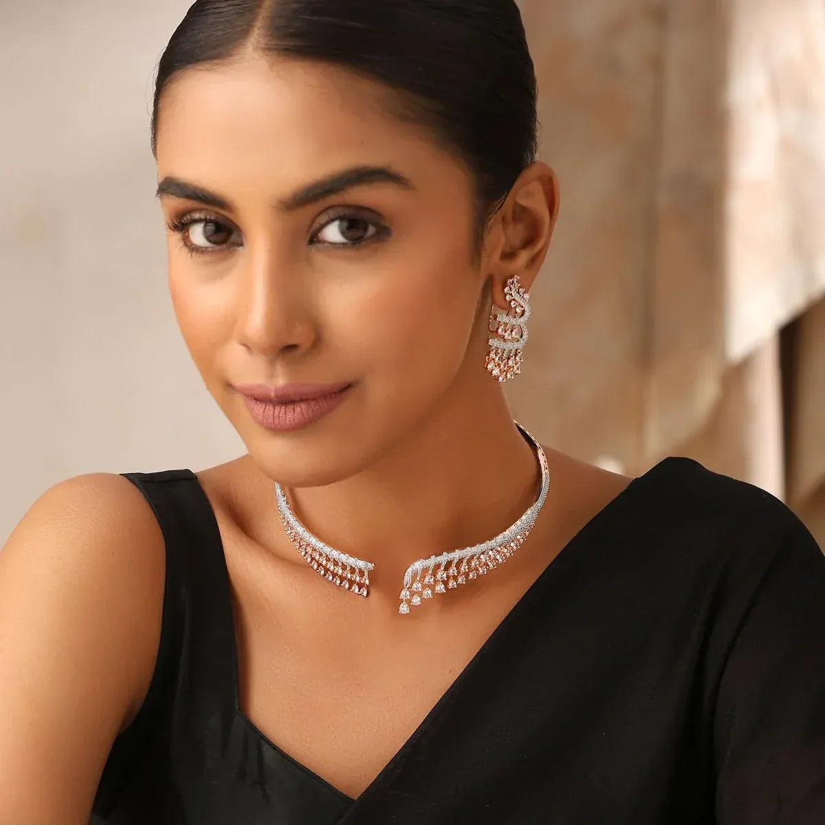 Aurora Rose CZ Choker Necklace Set with Earrings