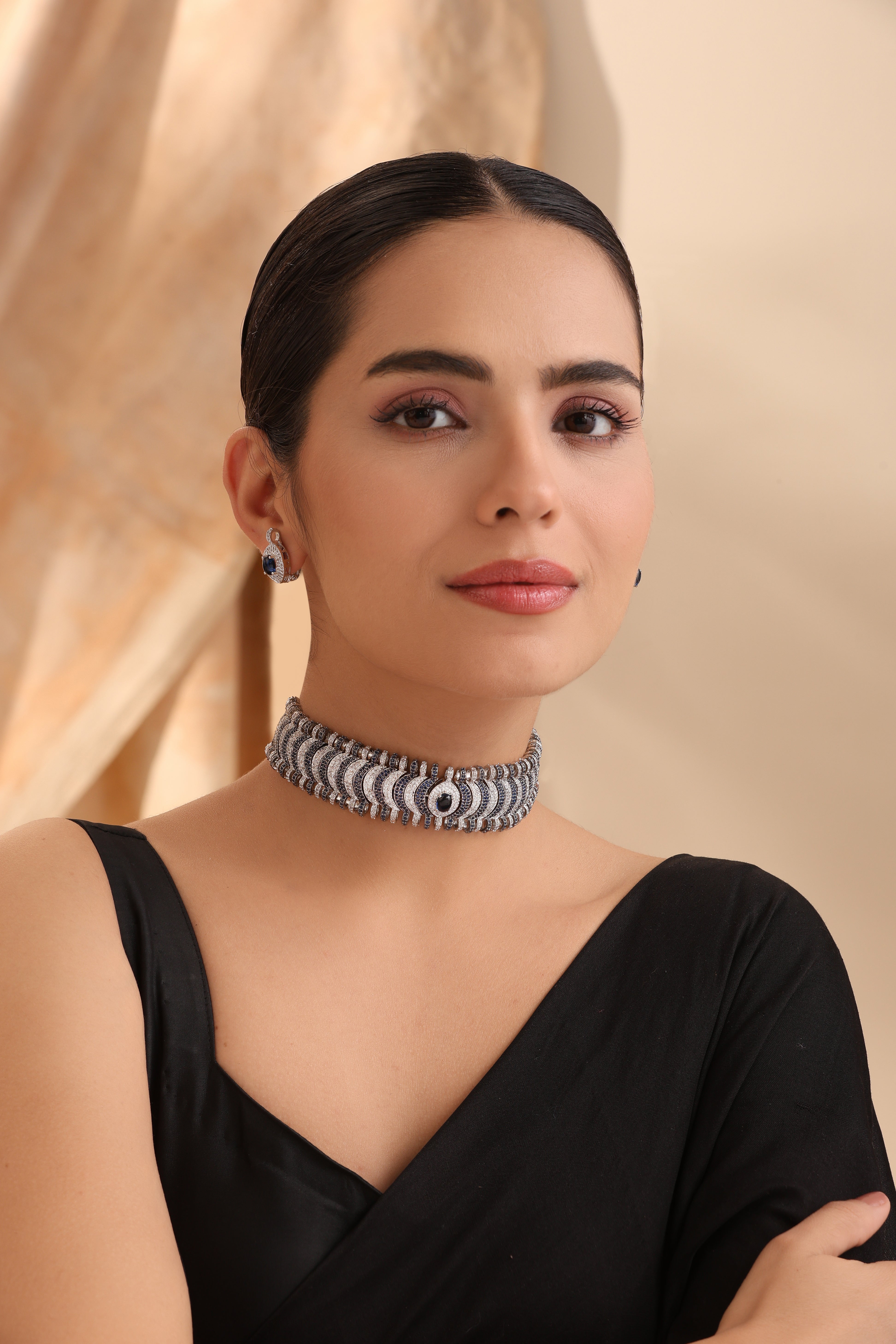 Astrid Sapphire Choker Set with black and white cubic zirconia, sapphire-inspired centerpiece, and matching earrings – statement luxury jewelry”