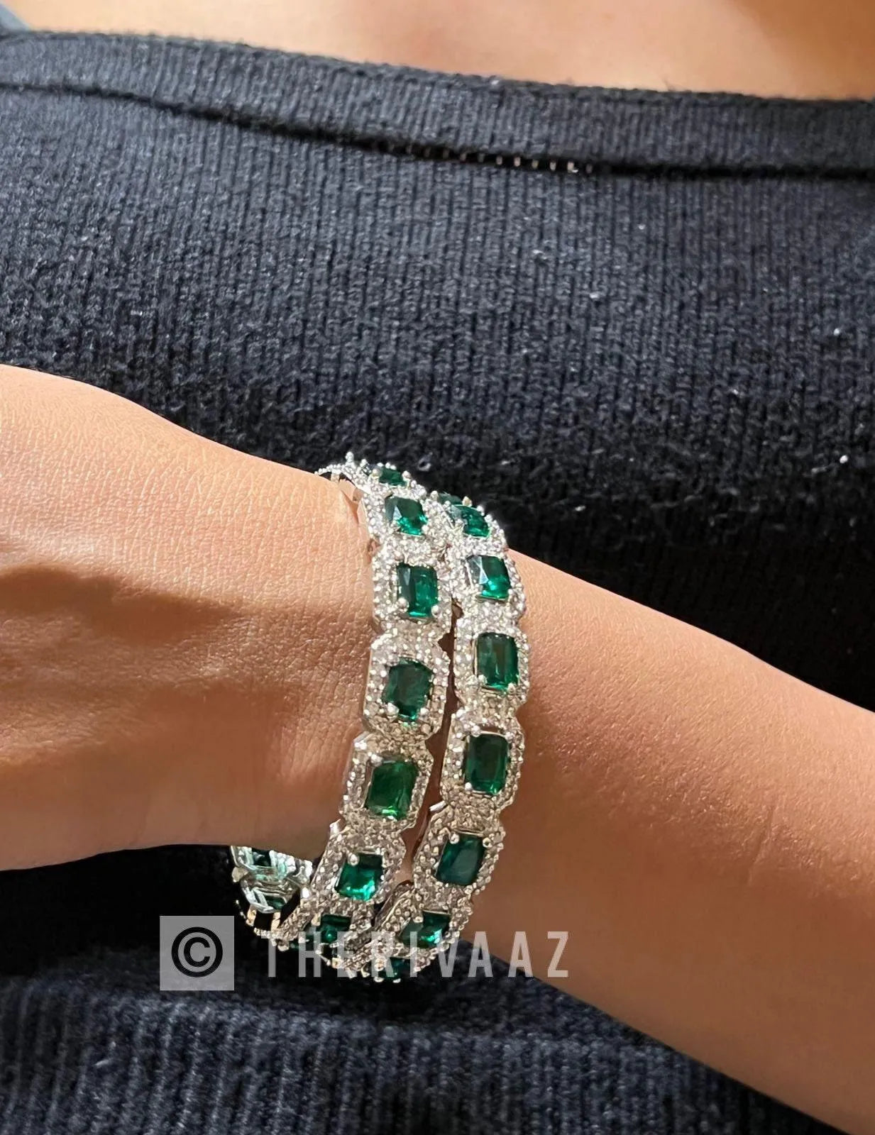 Emerald Diamond Silver Bangle Pair
