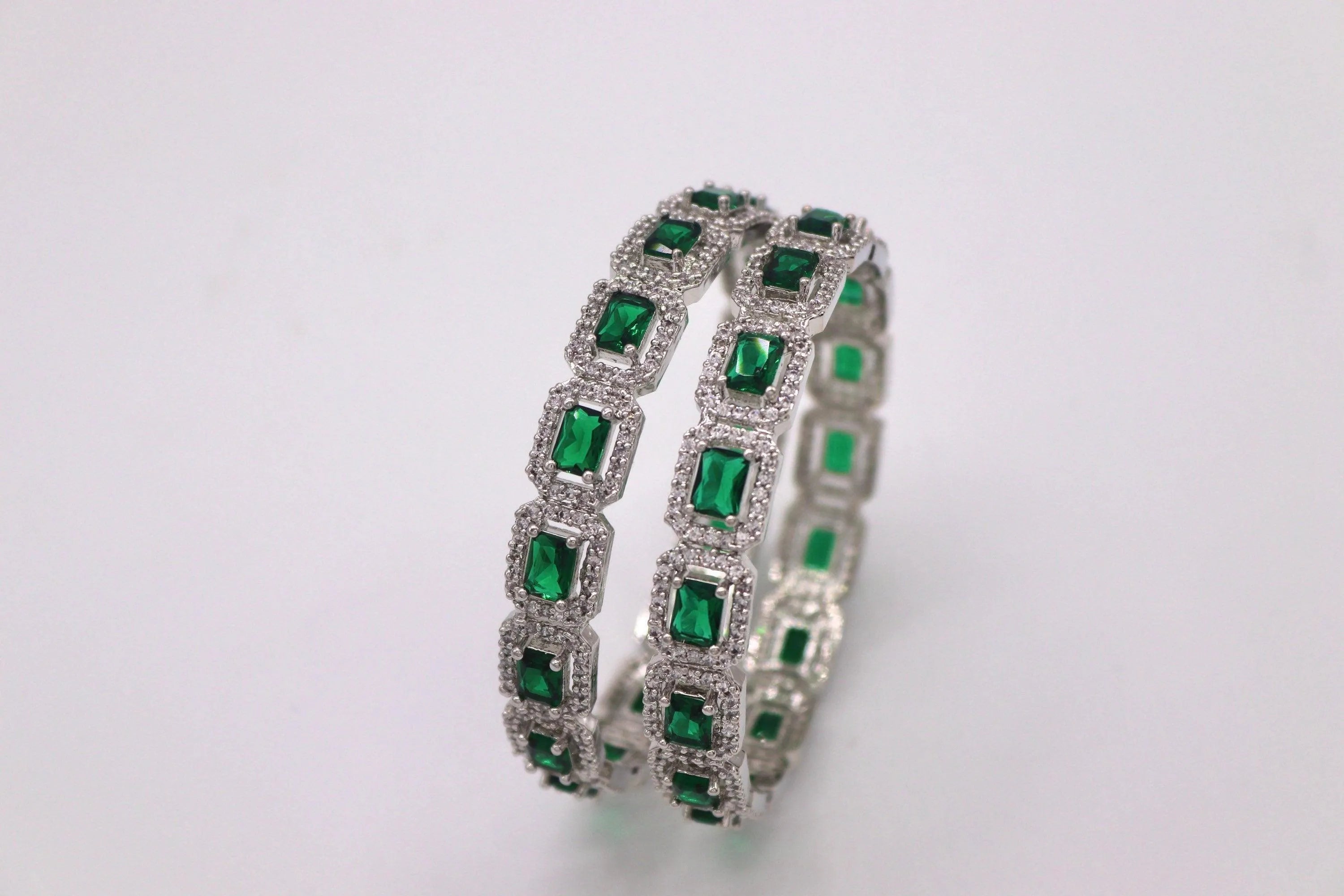 Emerald Diamond Silver Bangle Pair
