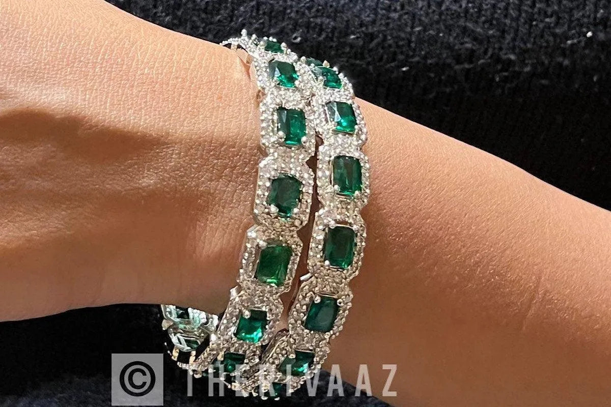 Emerald Diamond Silver Bangle Pair