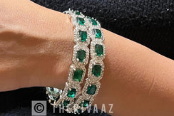 Emerald Diamond Silver Bangle Pair