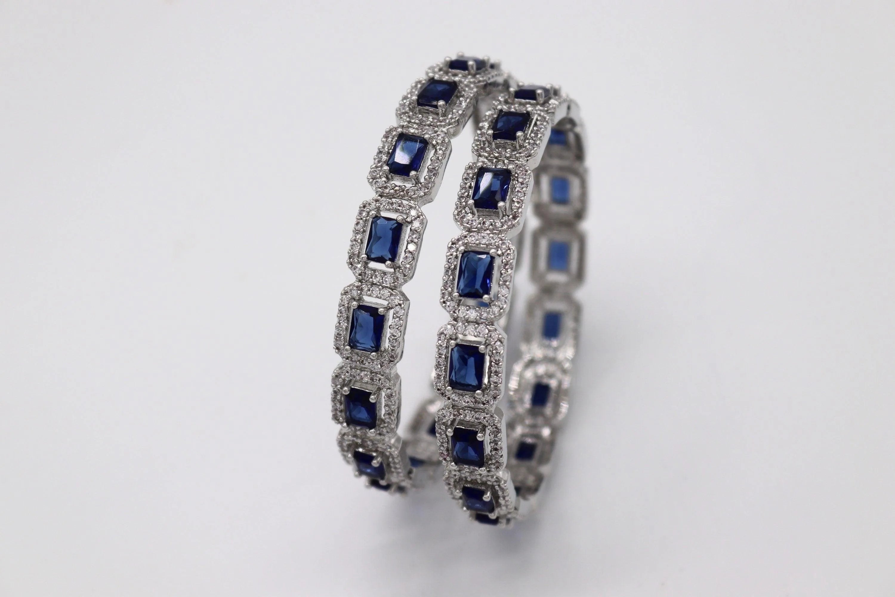 Sapphire Blue CZ Diamond Silver Bangle Pair