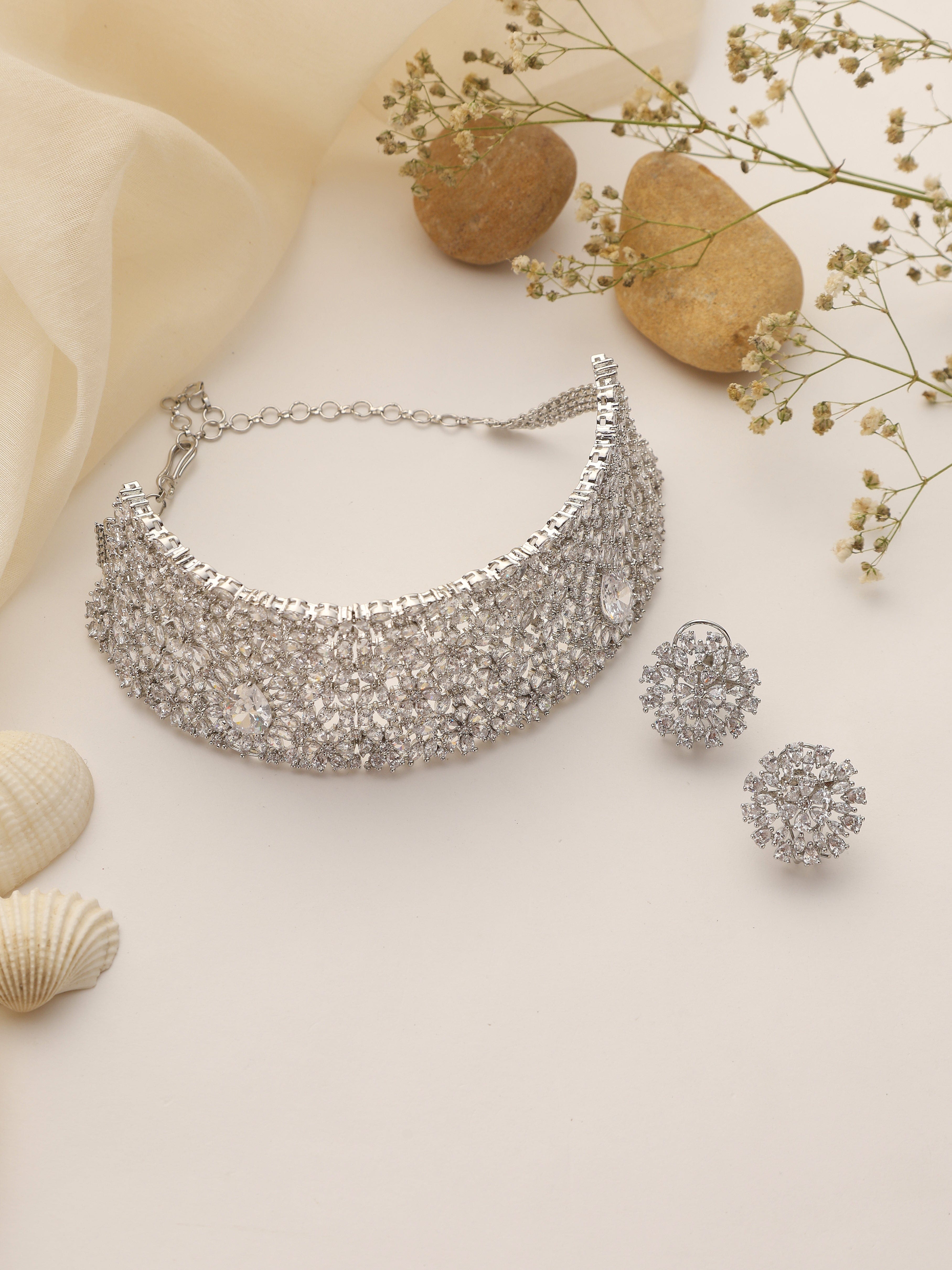 Celestial CZ Choker Necklace Set with Matching Statement Earrings – Silver Finish