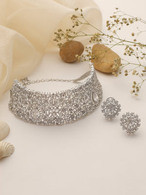 Celestial CZ Choker Necklace Set with Matching Statement Earrings – Silver Finish