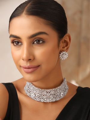 Celestial CZ Choker Necklace Set with Matching Statement Earrings – Silver Finish