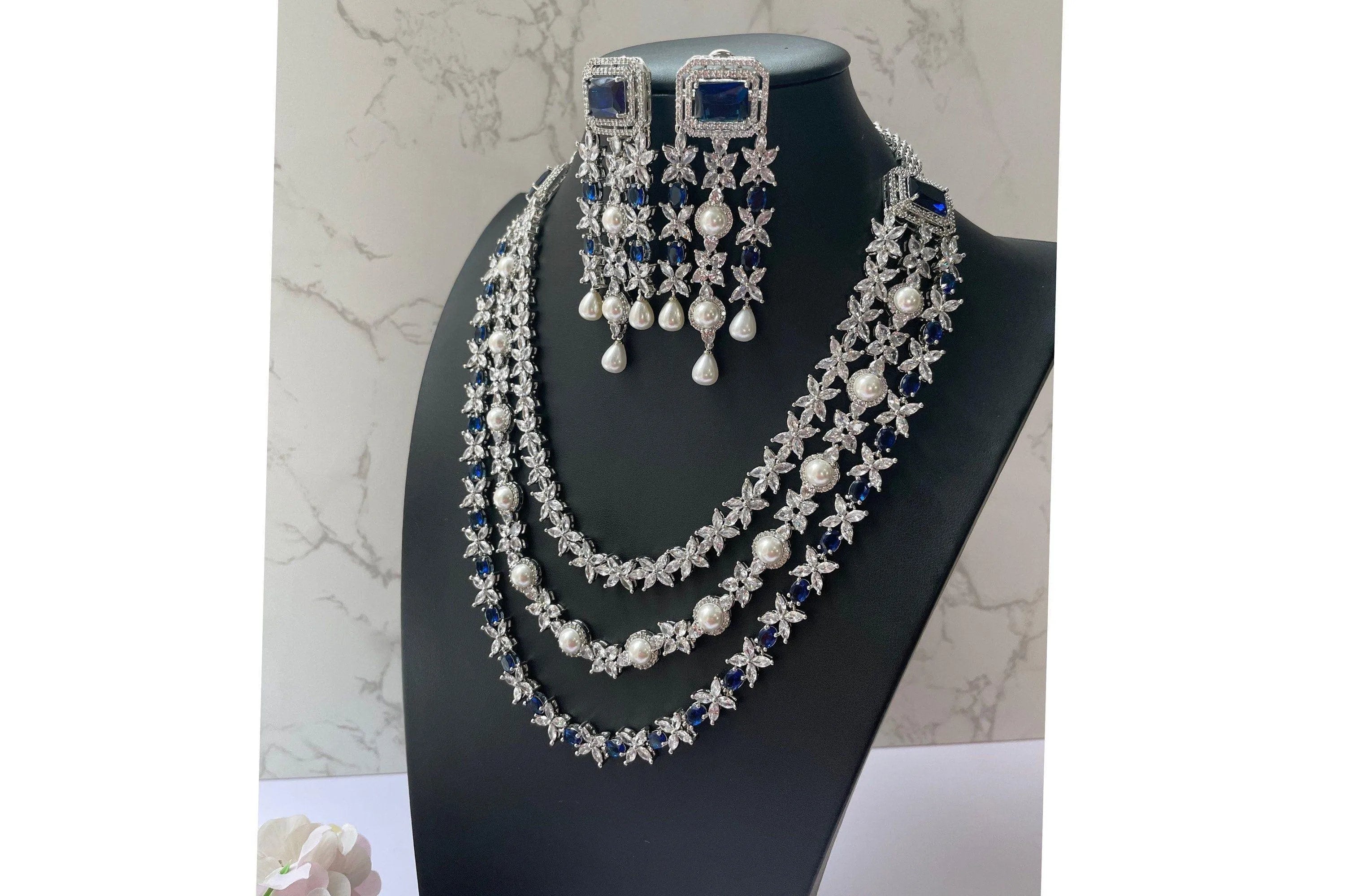 Vanya Blue Diamond Pearl Long Necklace Set