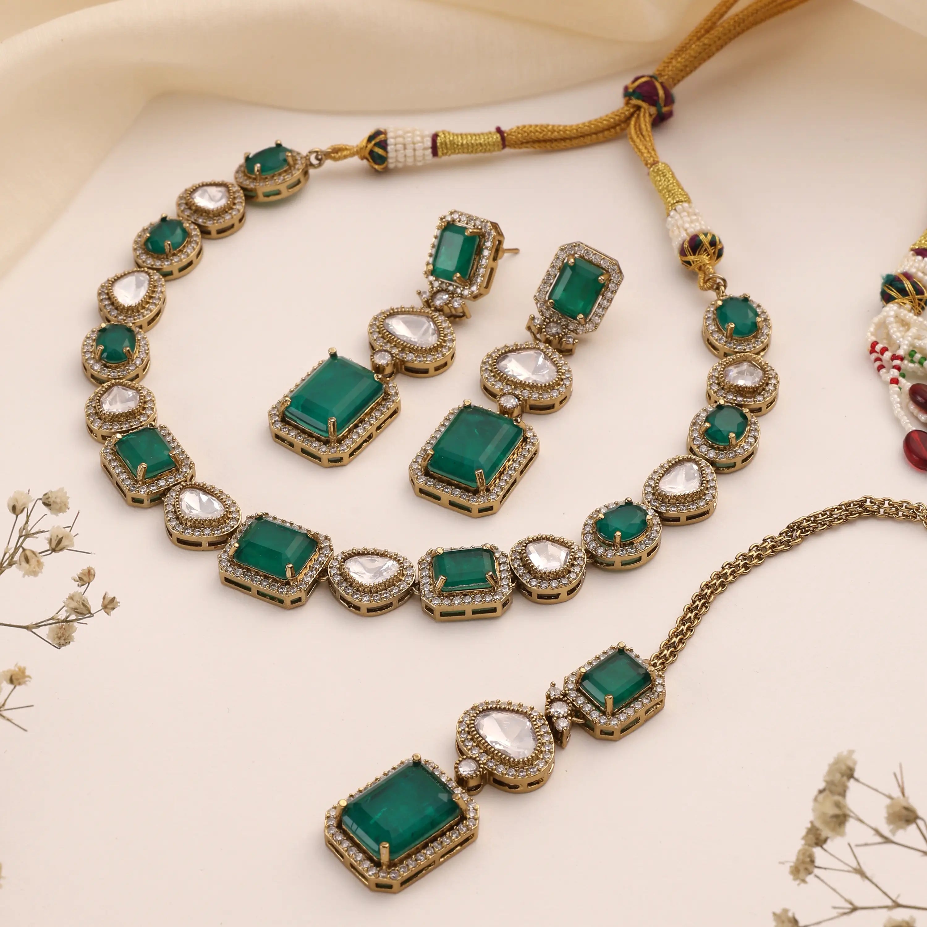 Devira Emerald Doublet Kundan  Necklace Set with Earrings & Maang Tikka