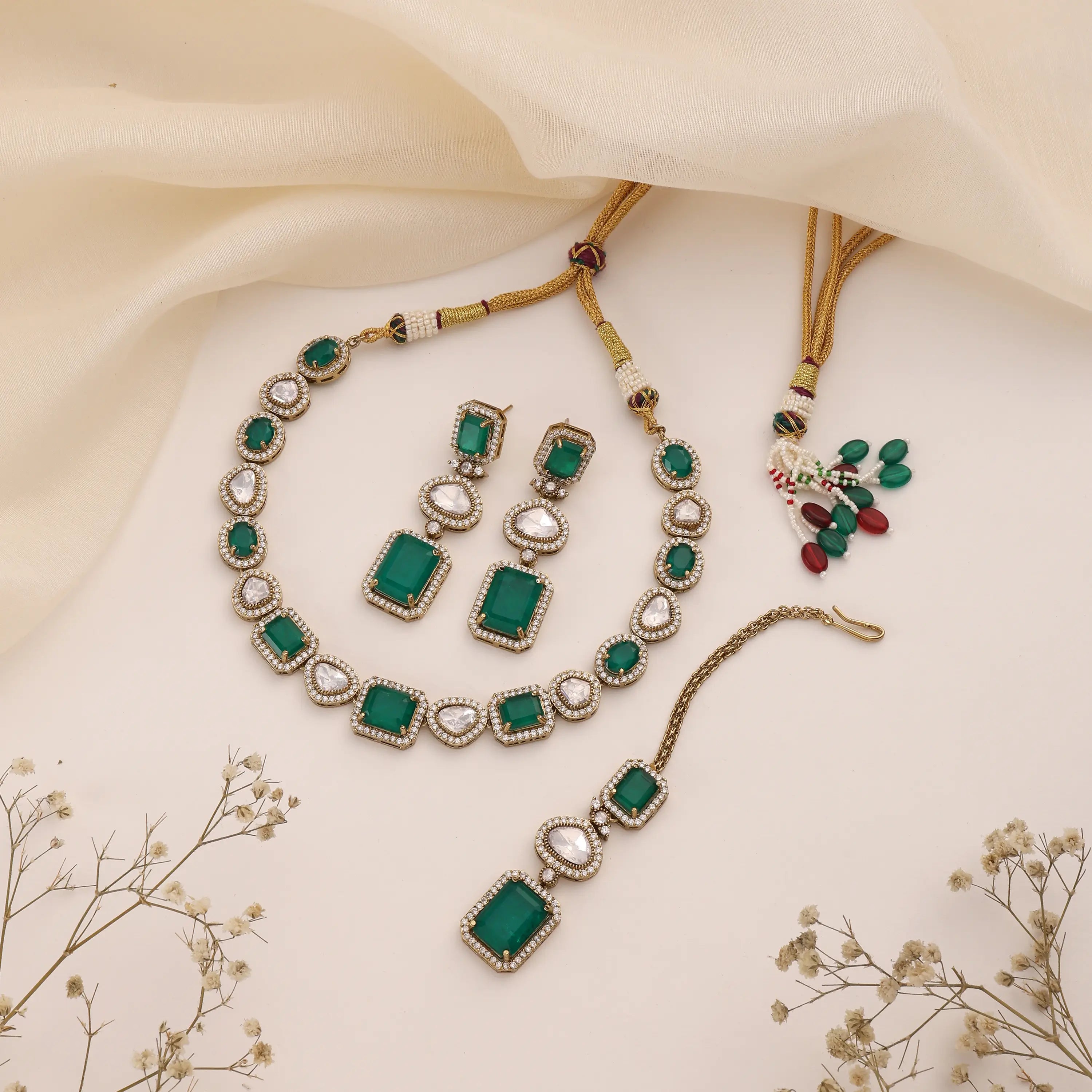 Devira Emerald Doublet Kundan  Necklace Set with Earrings & Maang Tikka