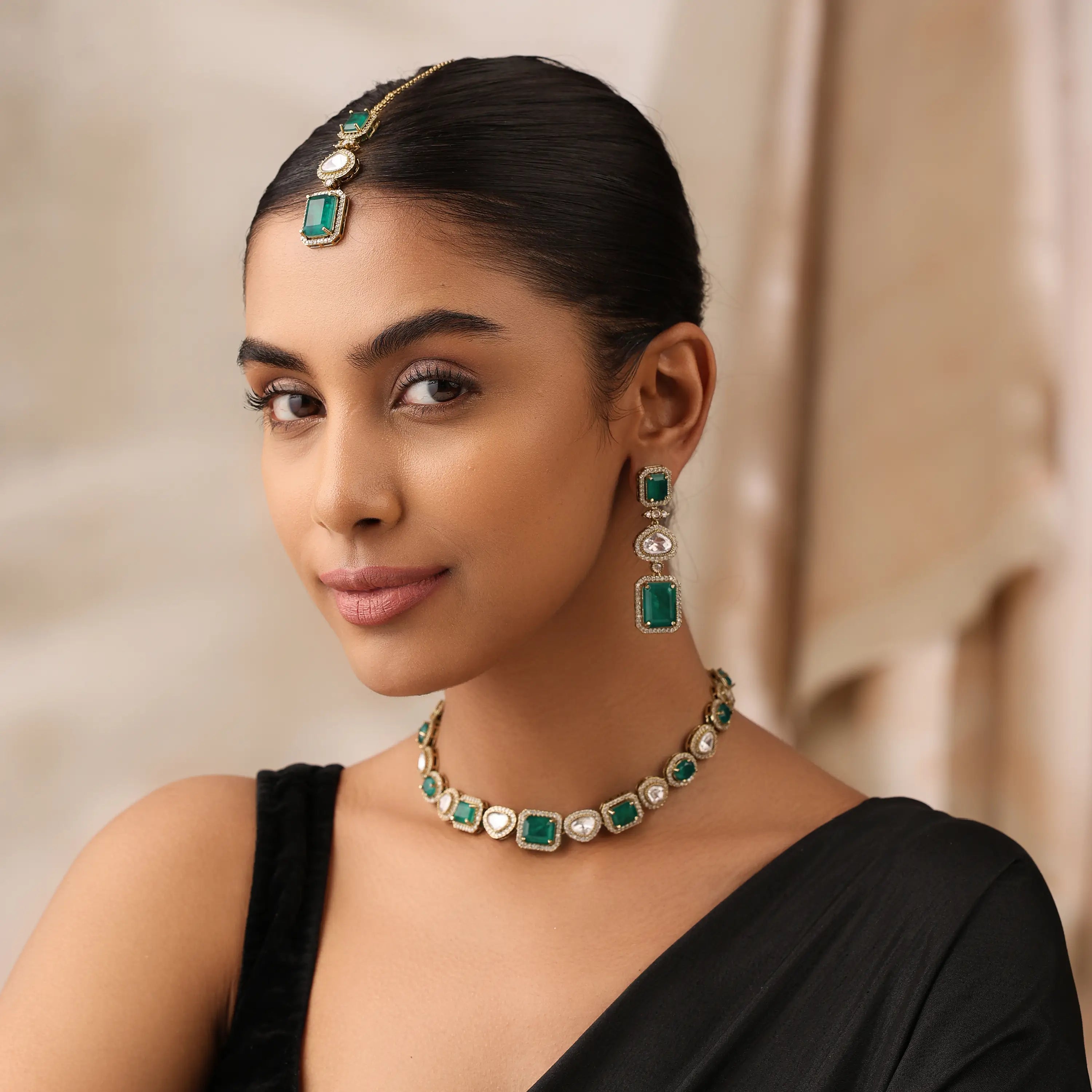 Devira Emerald Doublet Kundan  Necklace Set with Earrings & Maang Tikka