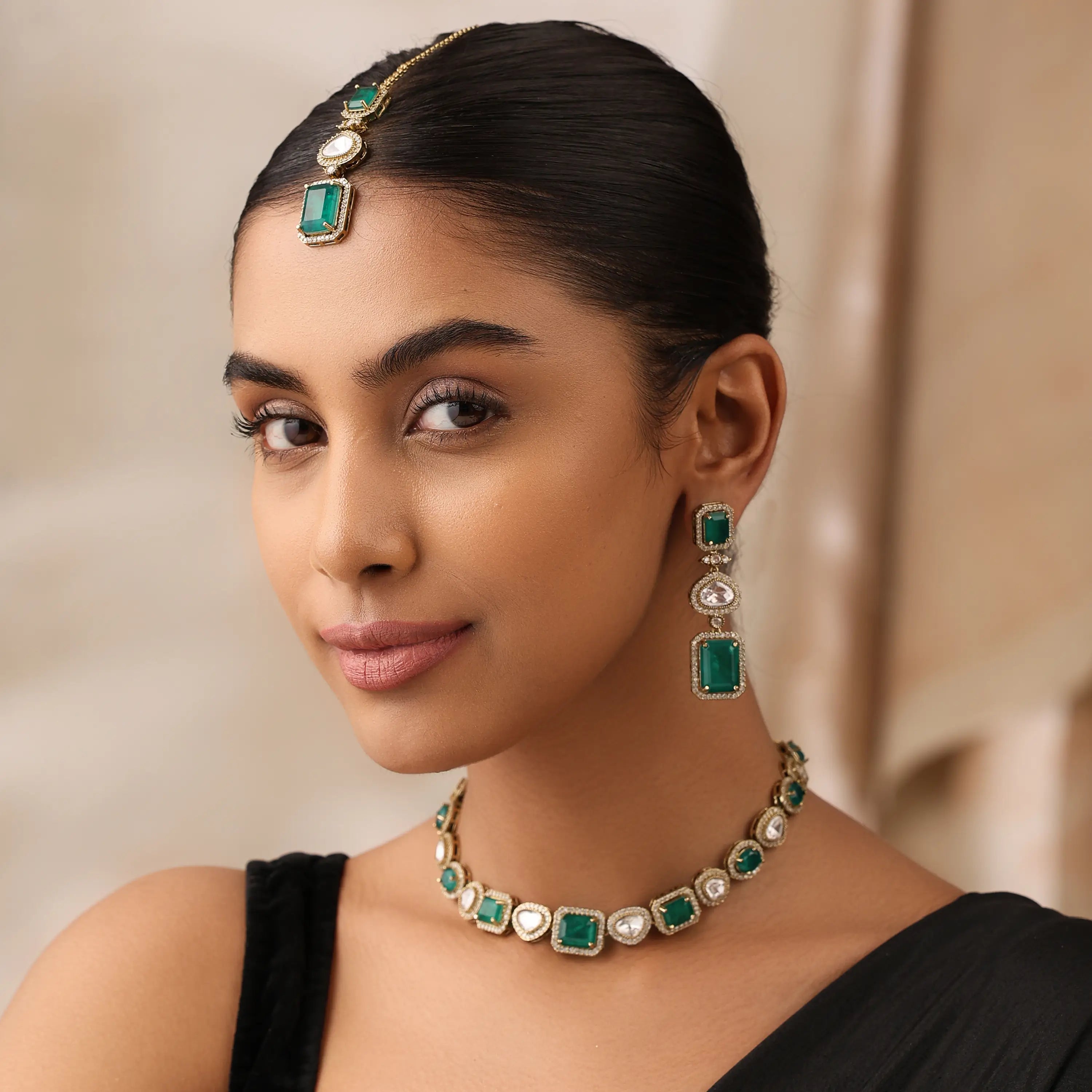 Devira Emerald Doublet Kundan  Necklace Set with Earrings & Maang Tikka