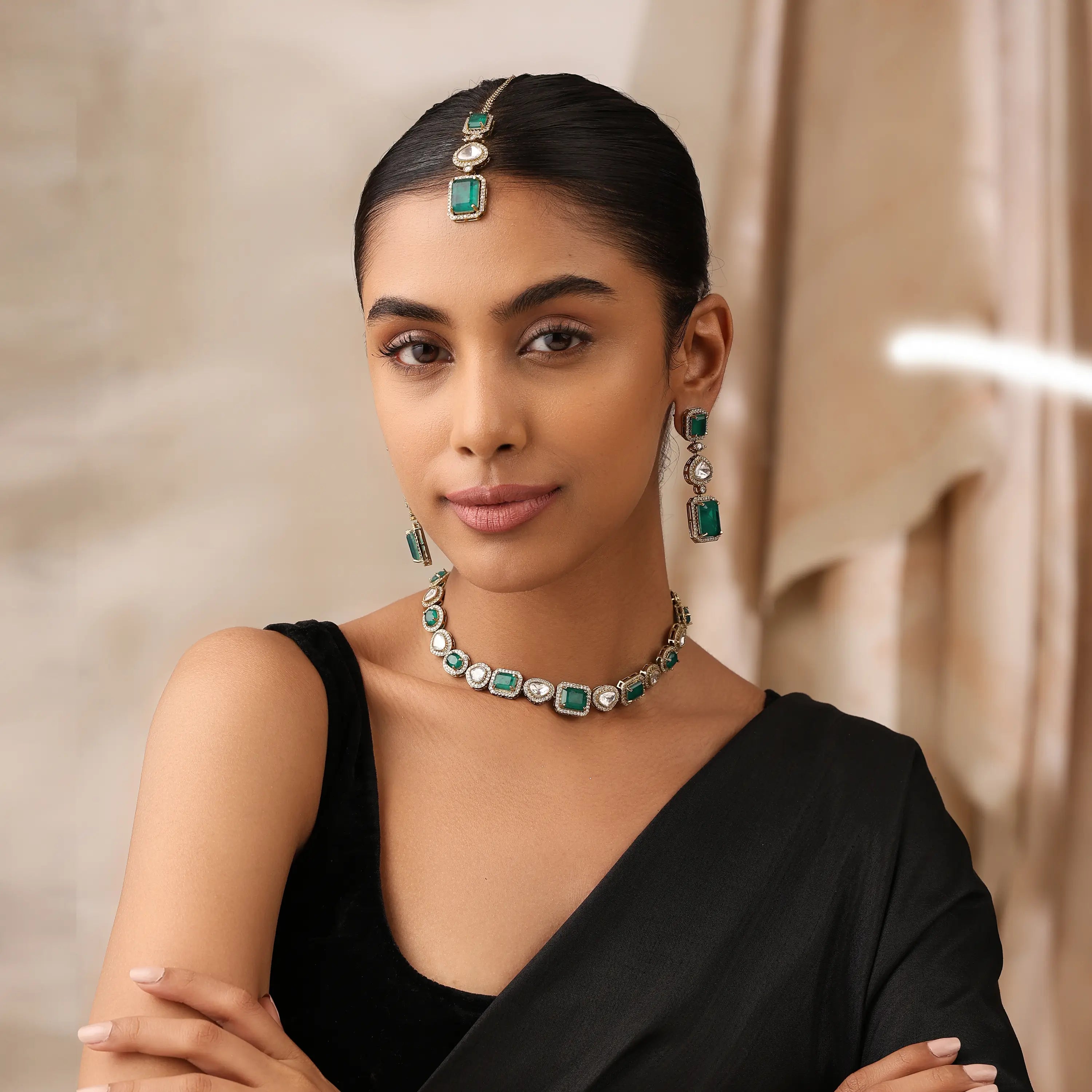 Devira Emerald Doublet Kundan  Necklace Set with Earrings & Maang Tikka
