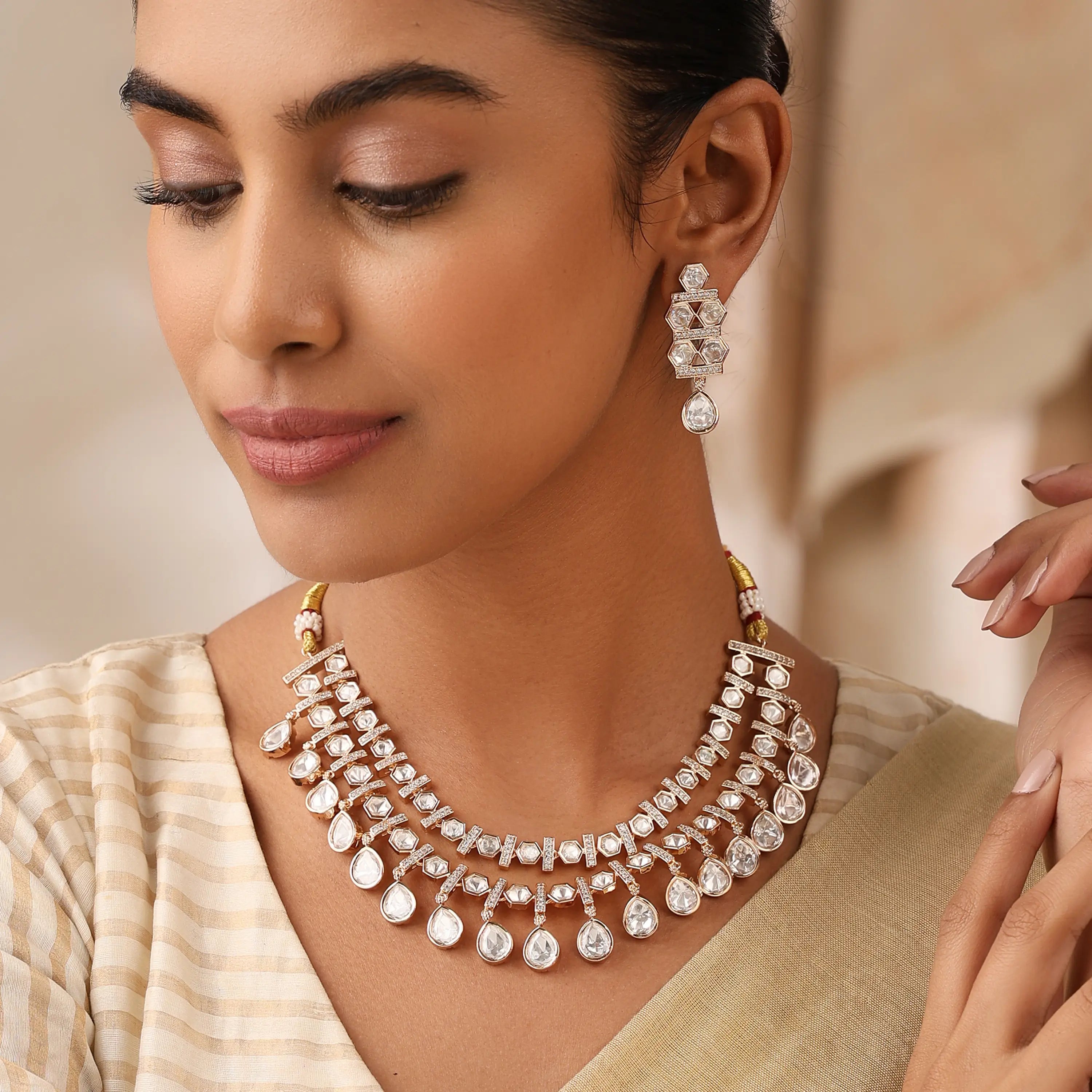 Diamond Shape Layered Uncut Polki Necklace Set with Drop Earrings