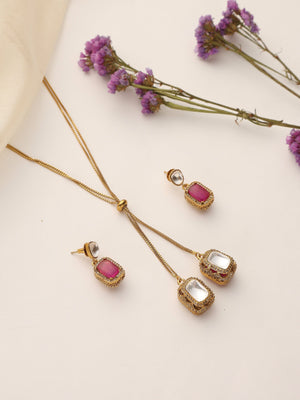 Dual Stone Ruby & Polki Gold Pendant Set with Matching Earrings – Adjustable Chain