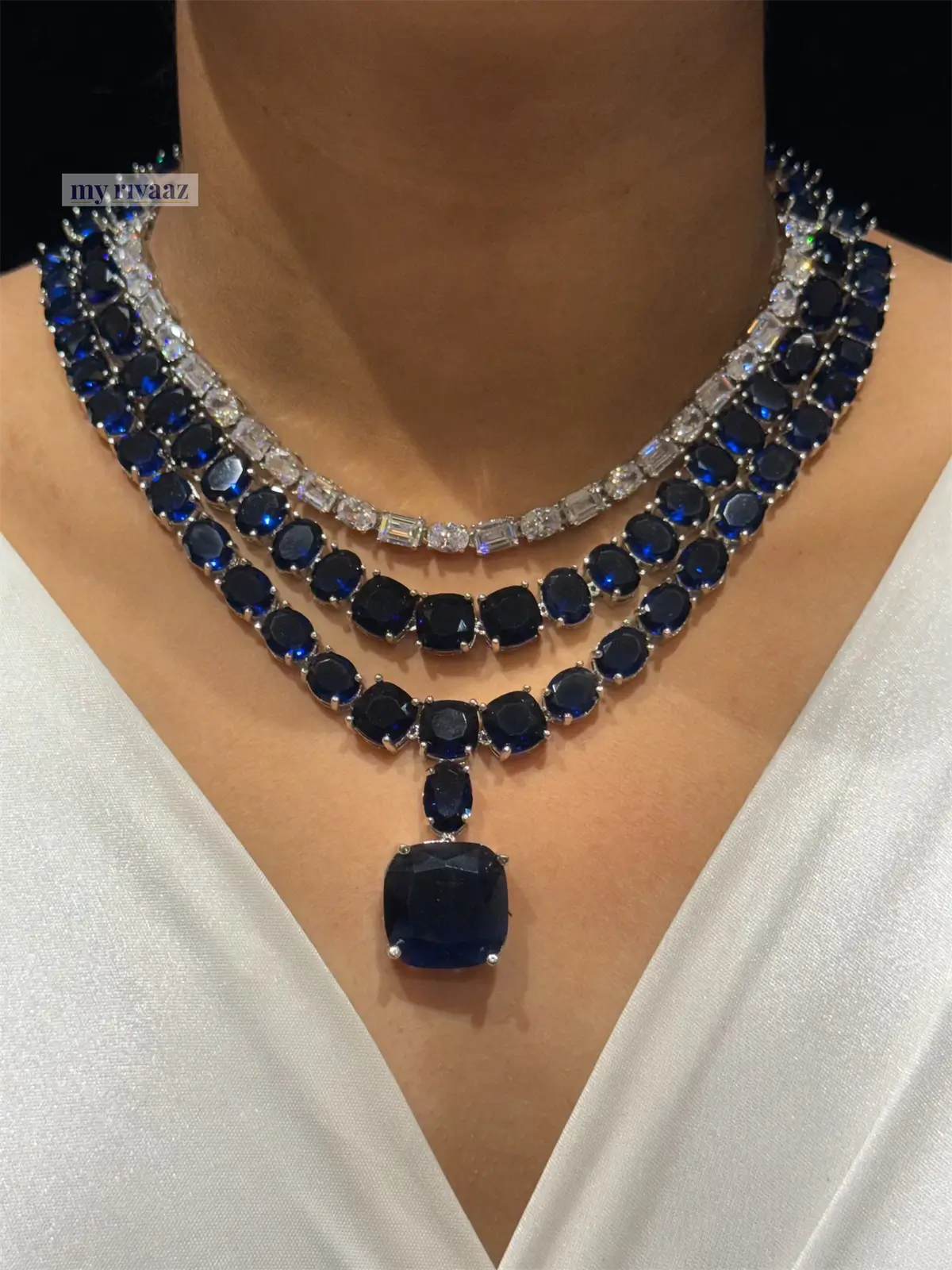 Crimson Royale Triple-Layer Sapphire Necklace Set with Statement Drop