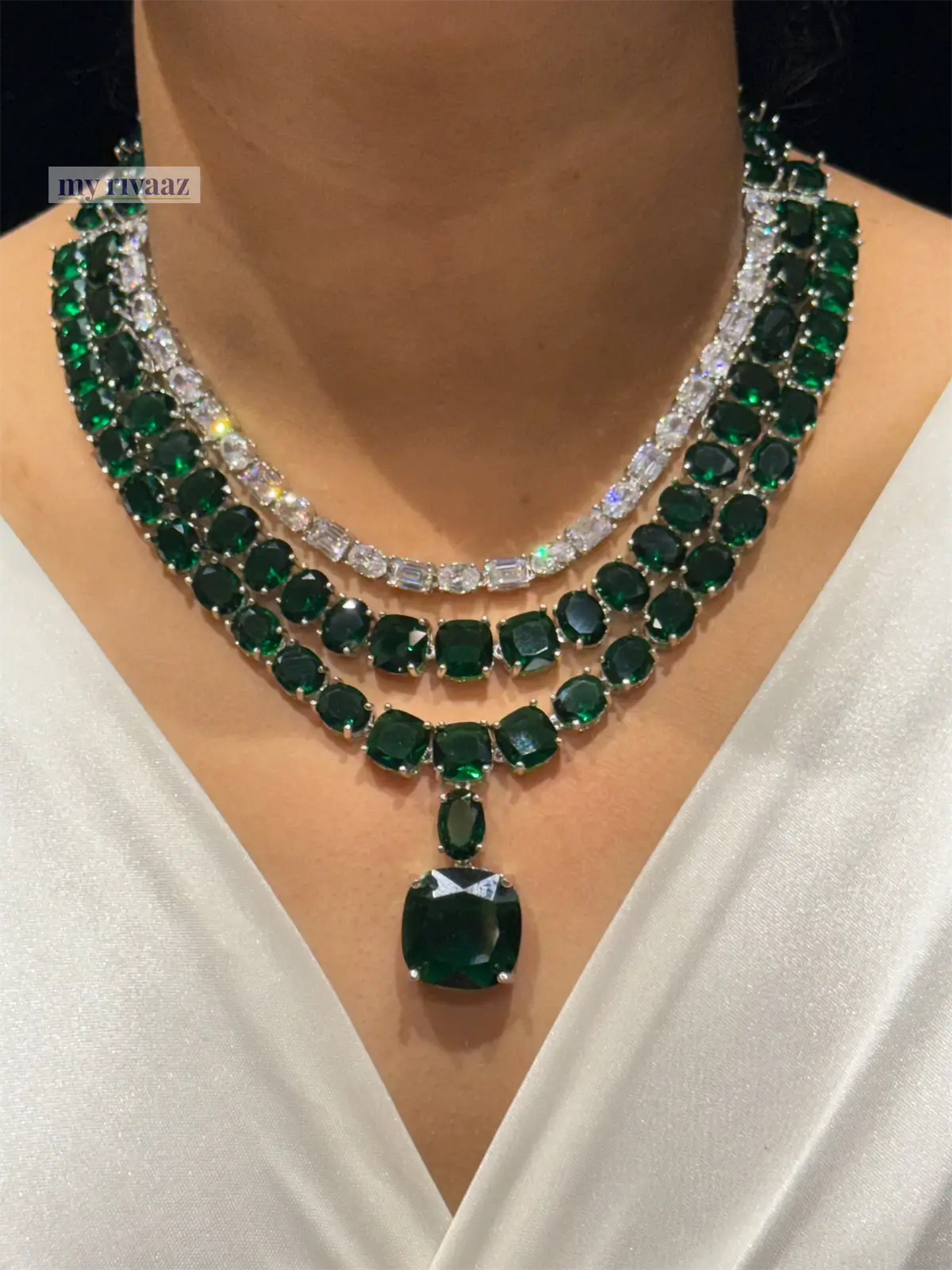 Crimson Royale Triple-Layer Emerald Necklace Set with Statement Drop