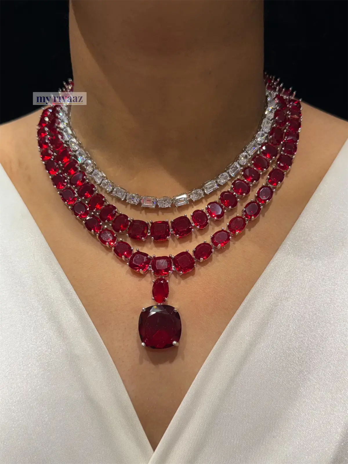 Crimson Royale Triple-Layer Ruby Necklace Set with Statement Drop
